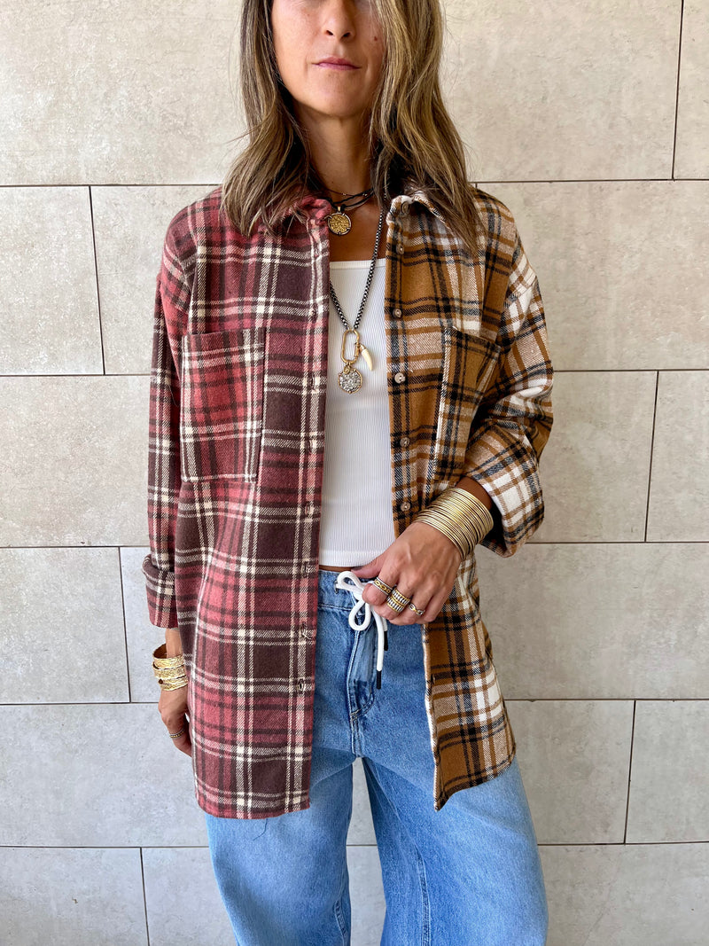 Burgundy & Camel Half And Half Plaid Shirt