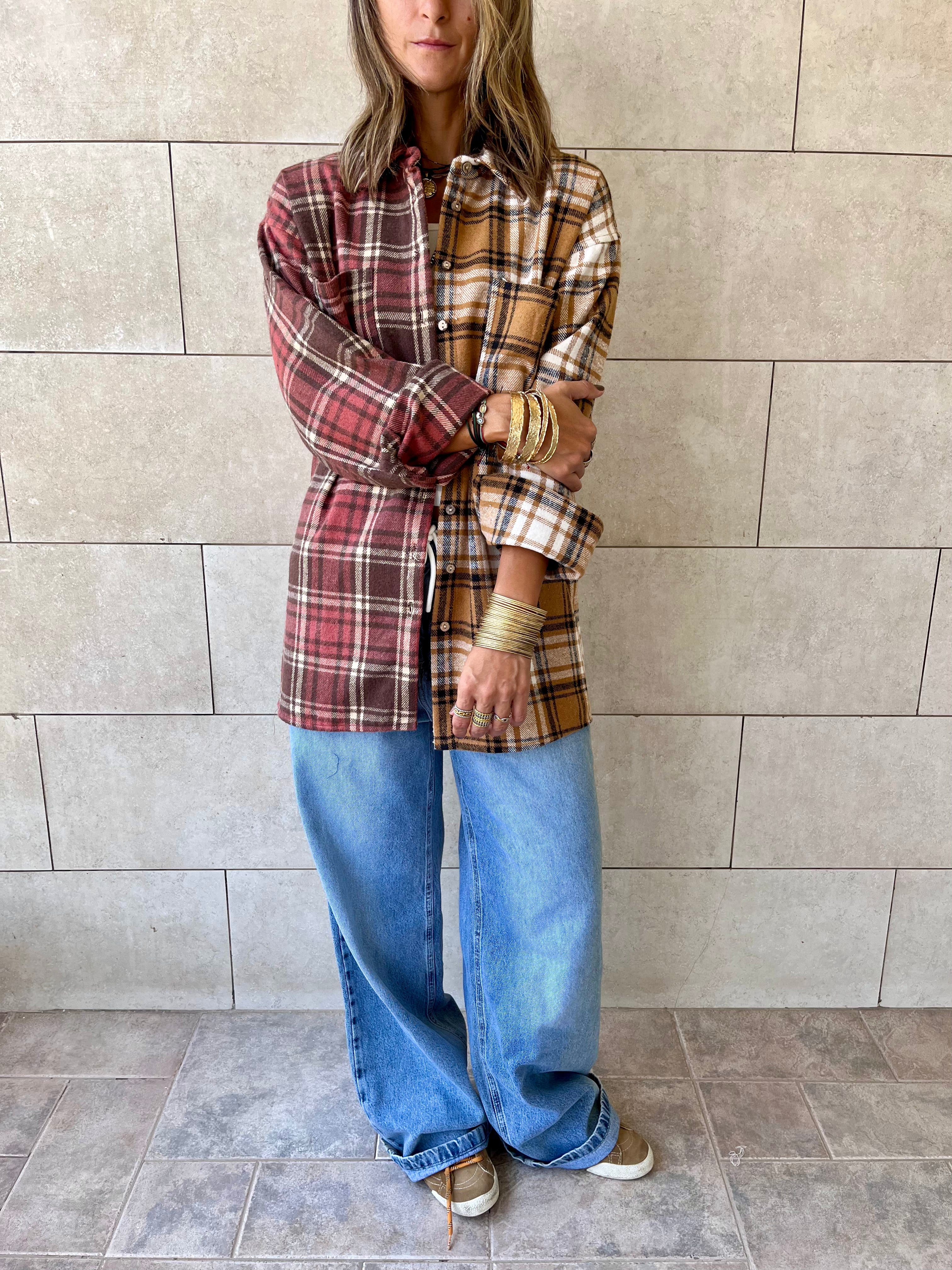 Burgundy & Camel Half And Half Plaid Shirt