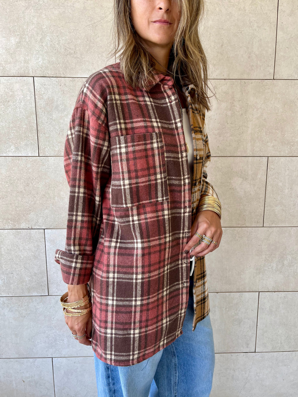 Burgundy & Camel Half And Half Plaid Shirt