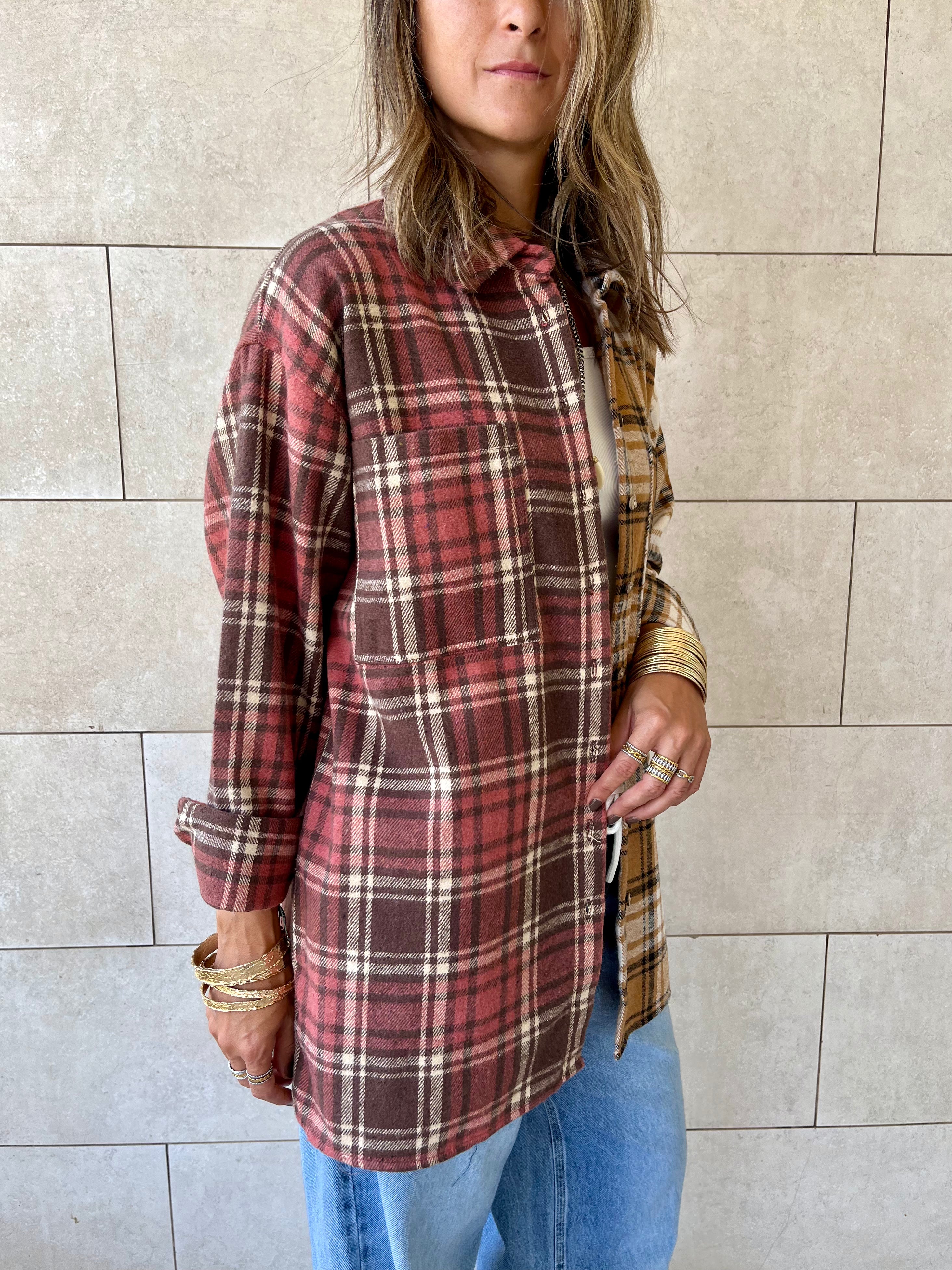 Burgundy & Camel Half And Half Plaid Shirt