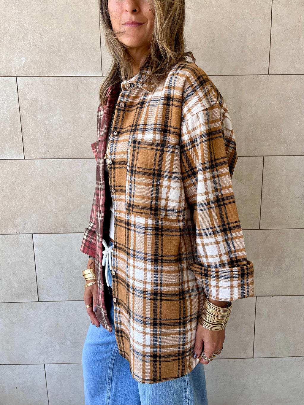 Burgundy & Camel Half And Half Plaid Shirt