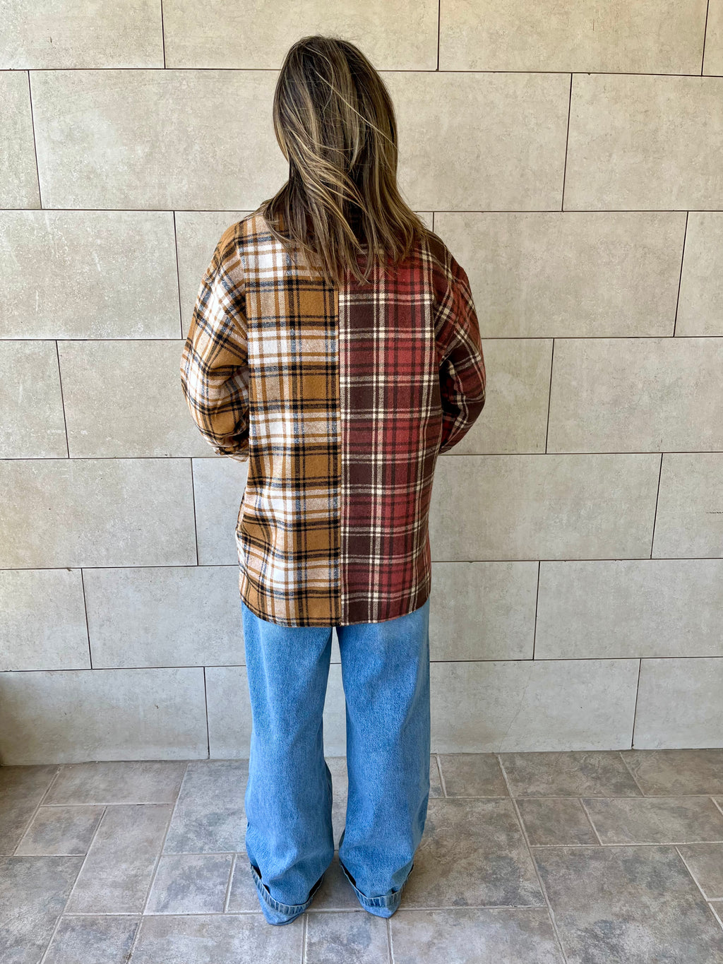 Burgundy & Camel Half And Half Plaid Shirt