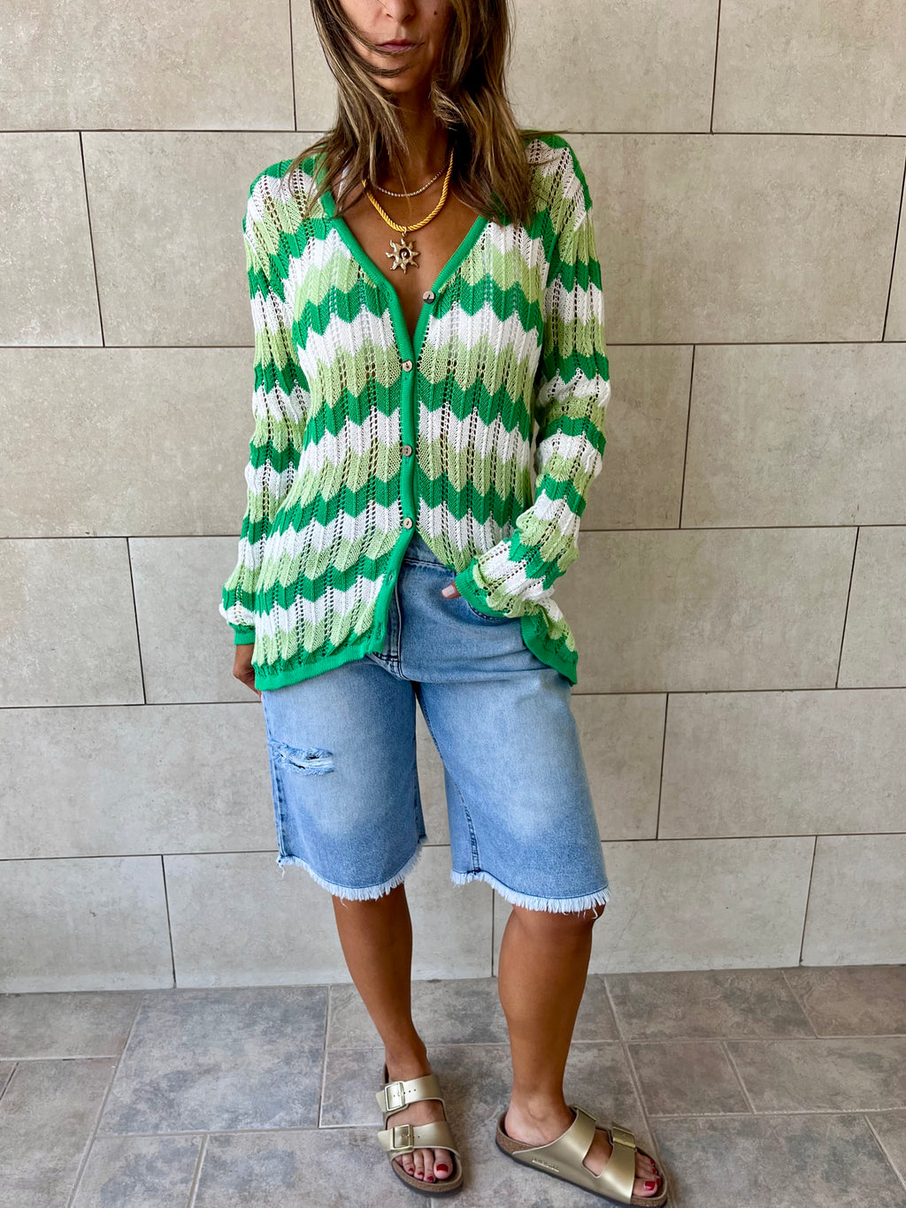 Green Giving Waves Crochet Shirt