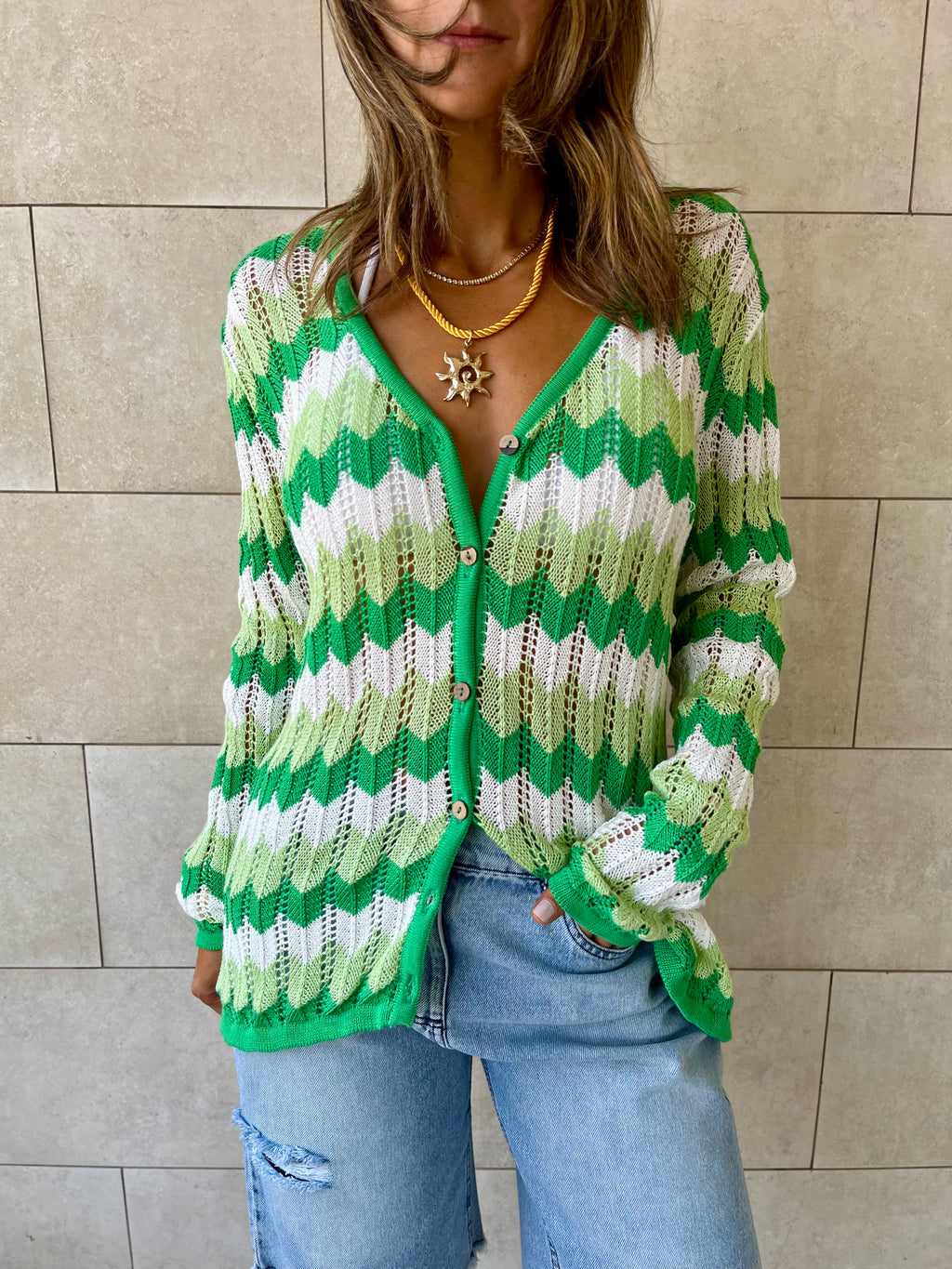 Green Giving Waves Crochet Shirt