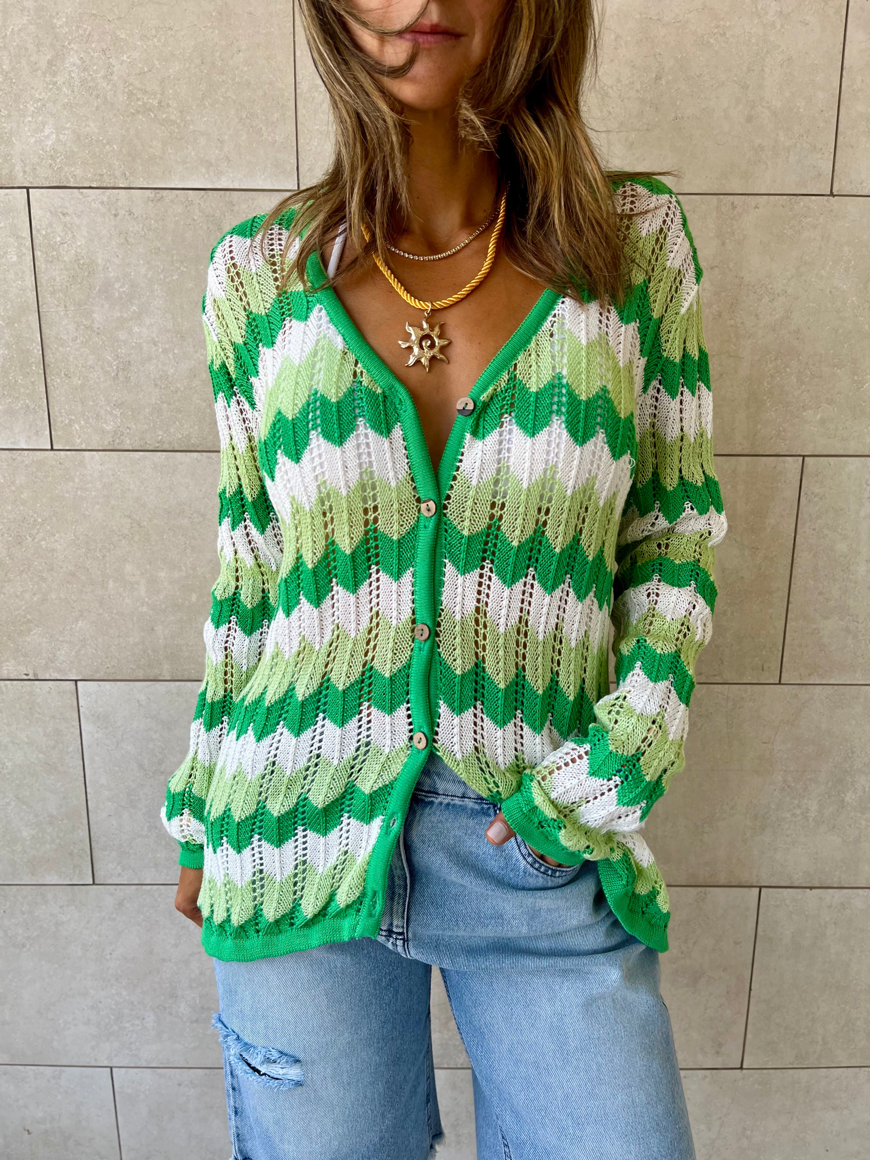 Green Giving Waves Crochet Shirt