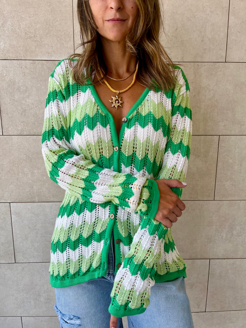 Green Giving Waves Crochet Shirt