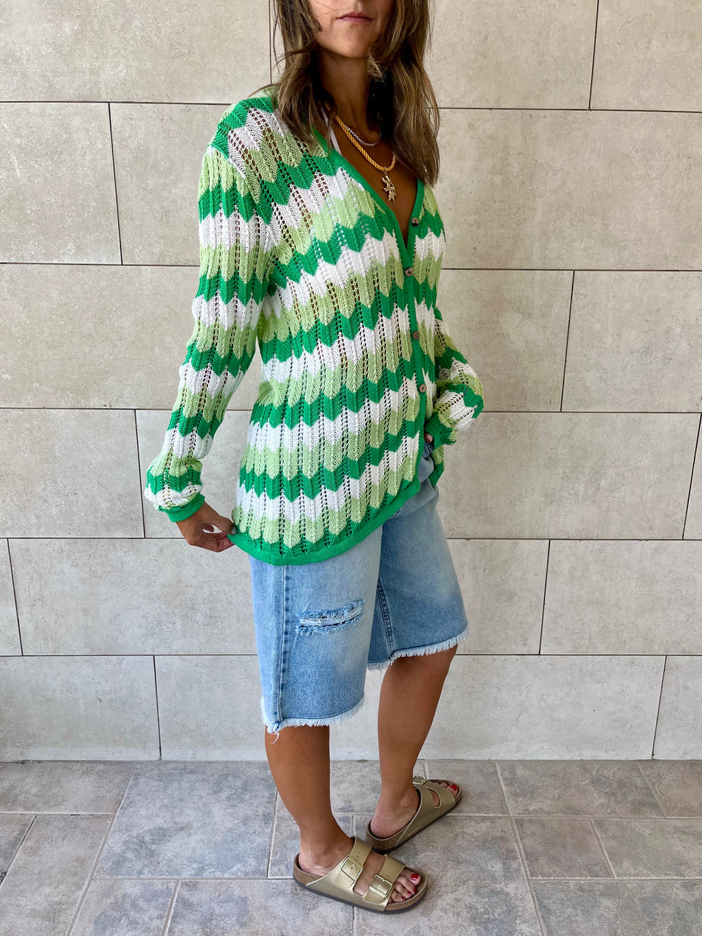 Green Giving Waves Crochet Shirt