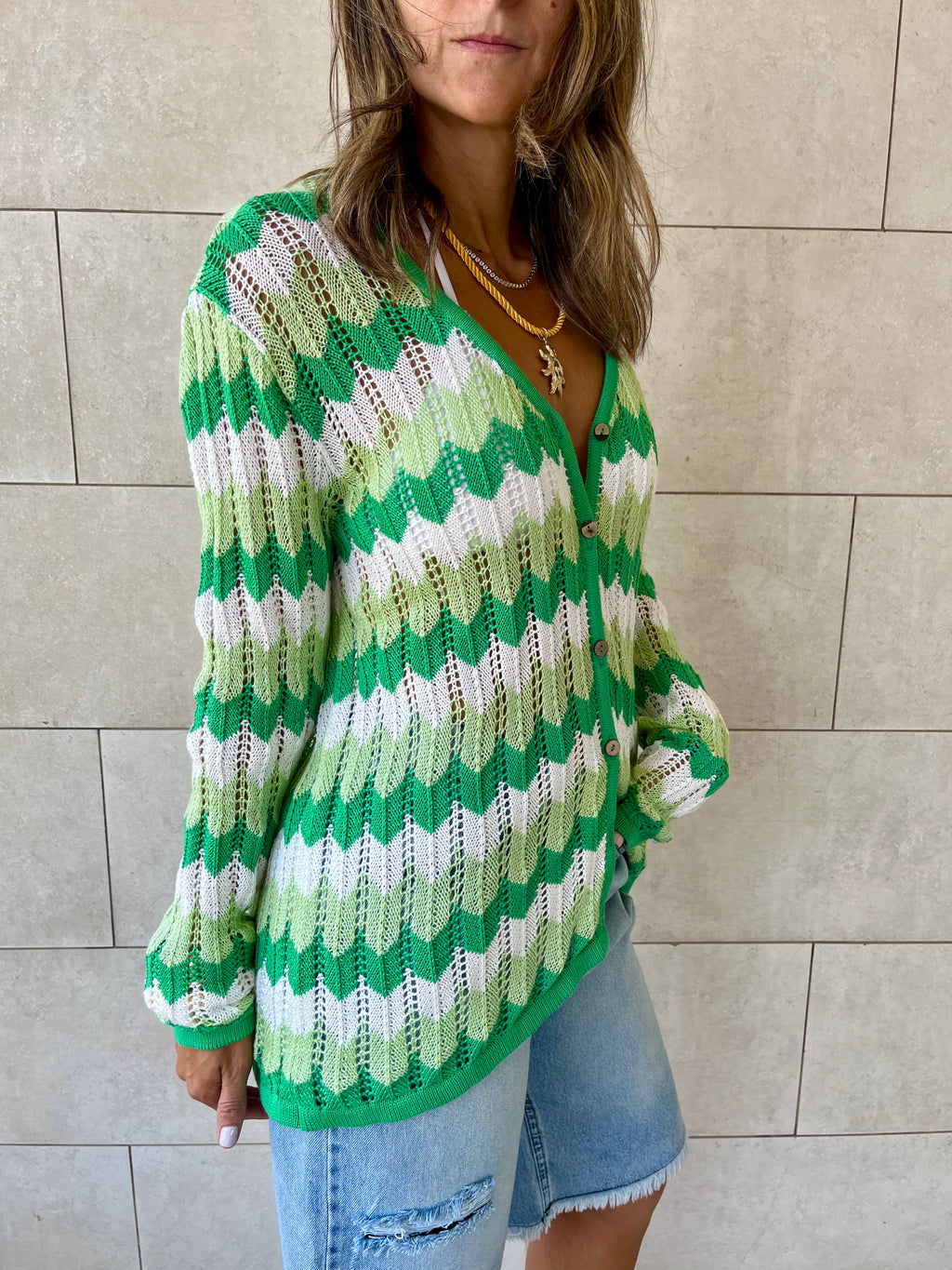 Green Giving Waves Crochet Shirt