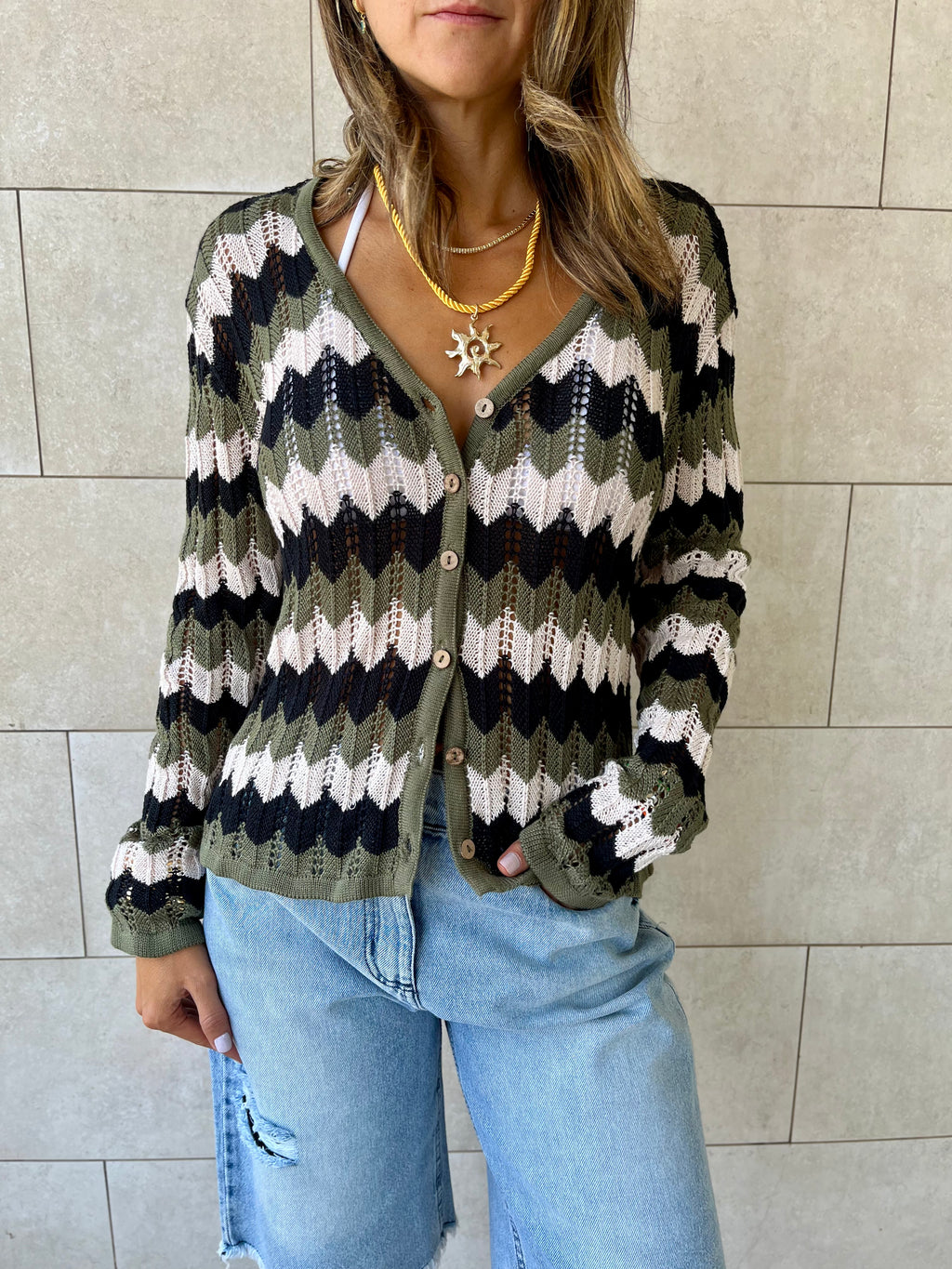 Olive Giving Waves Crochet Shirt