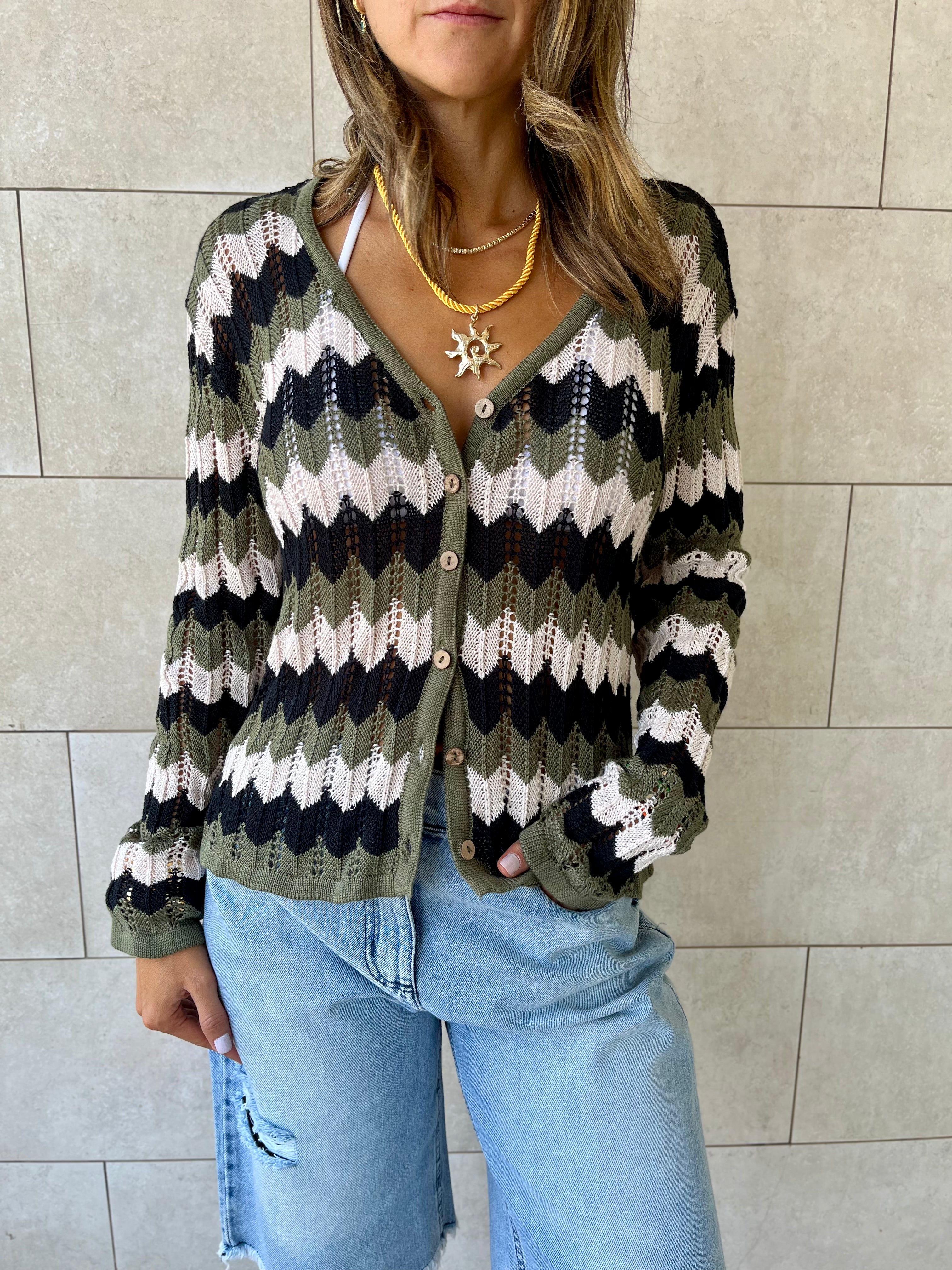 Olive Giving Waves Crochet Shirt