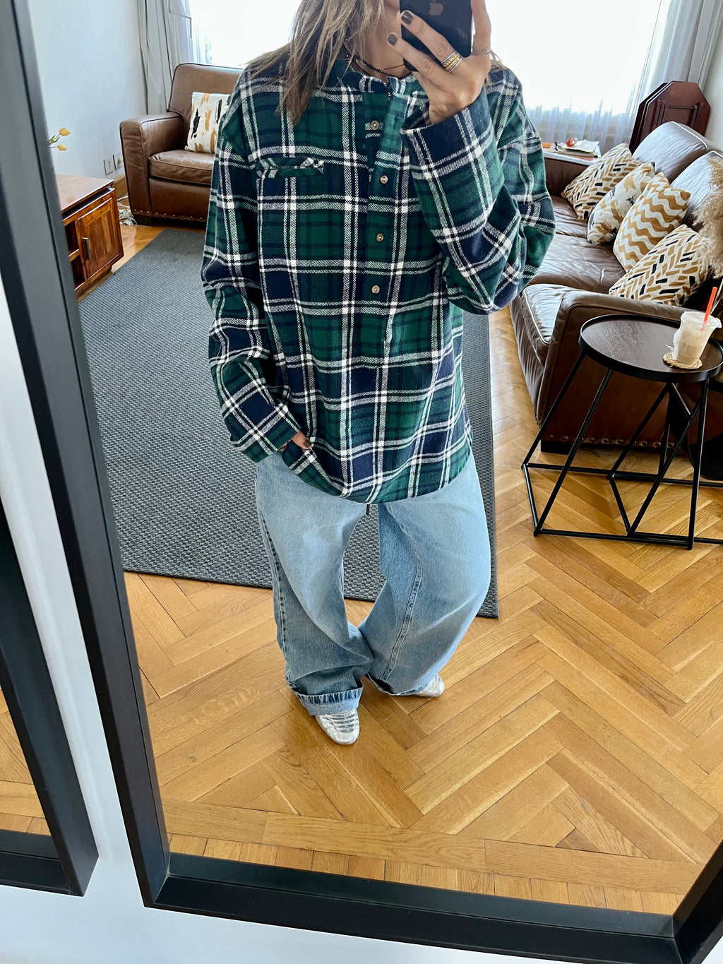 Teal Plaid Button Down Henley