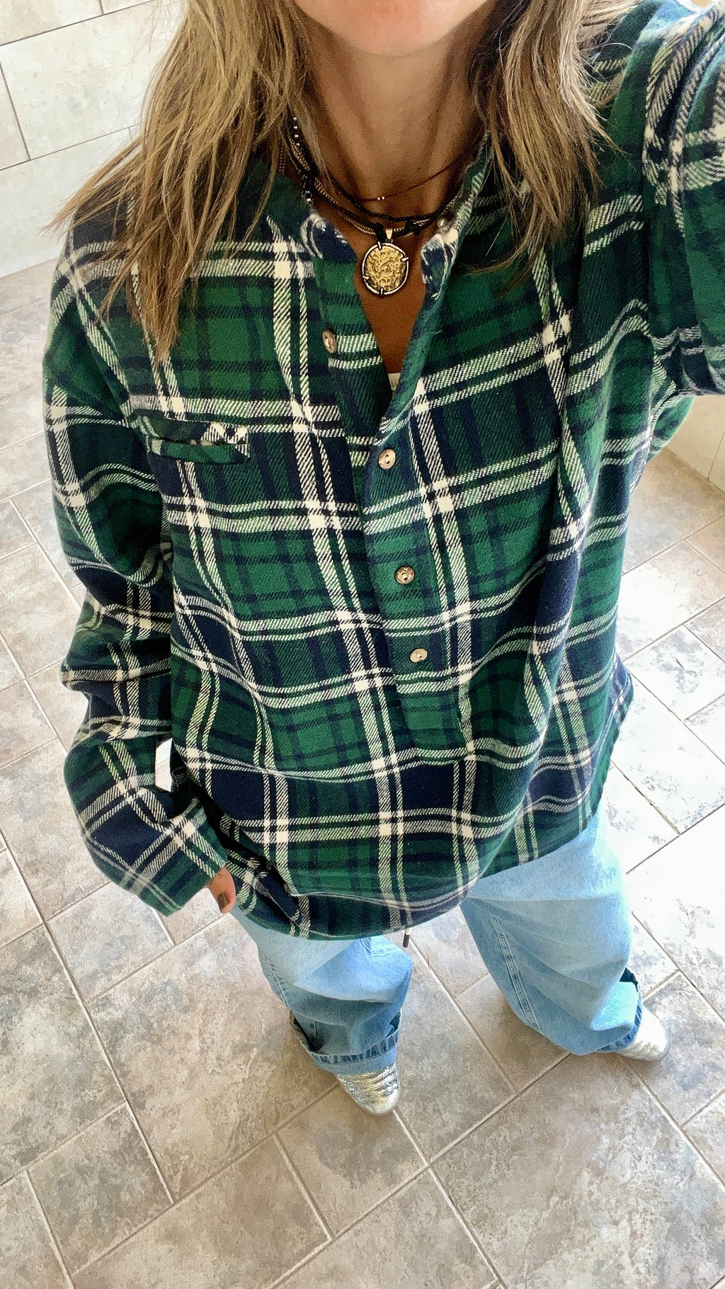 Teal Plaid Button Down Henley