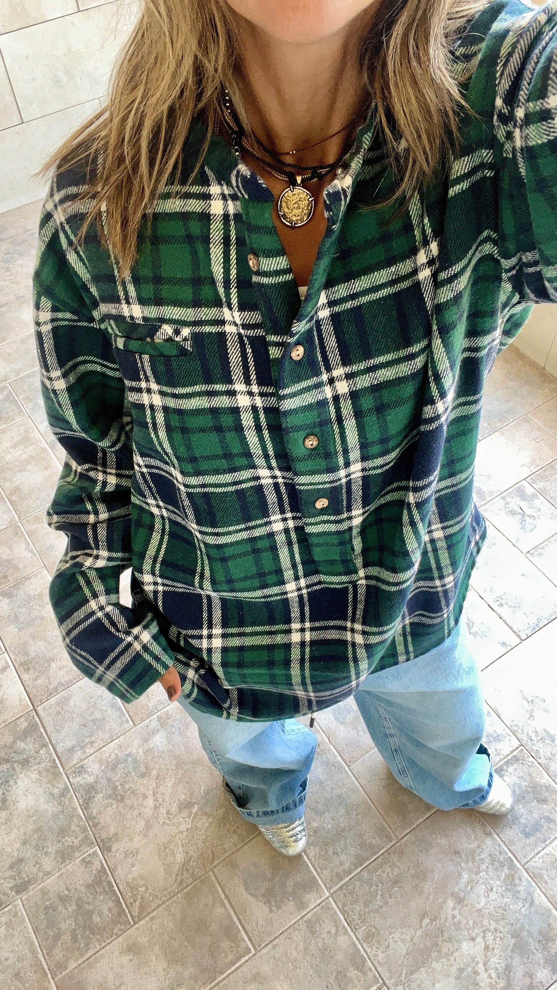 Teal Plaid Button Down Henley