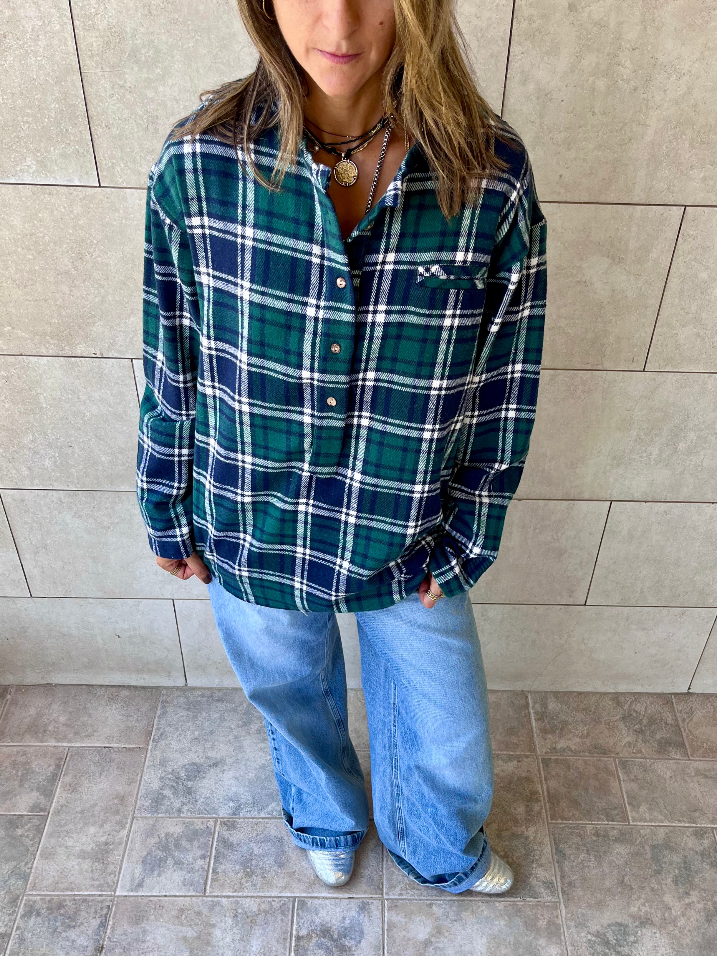 Teal Plaid Button Down Henley