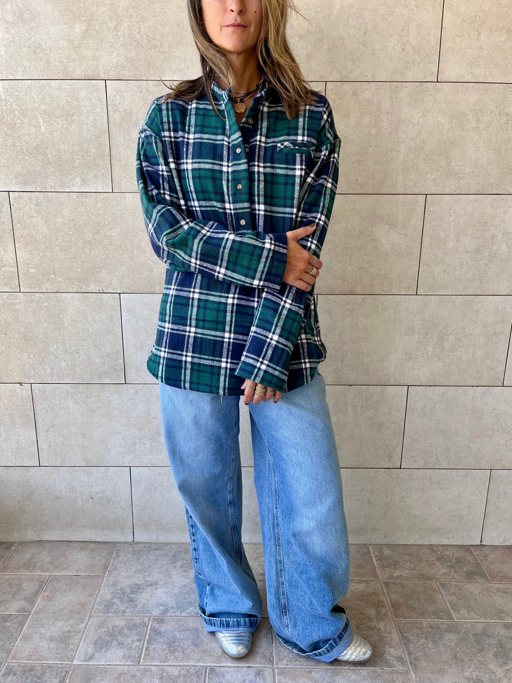 Teal Plaid Button Down Henley