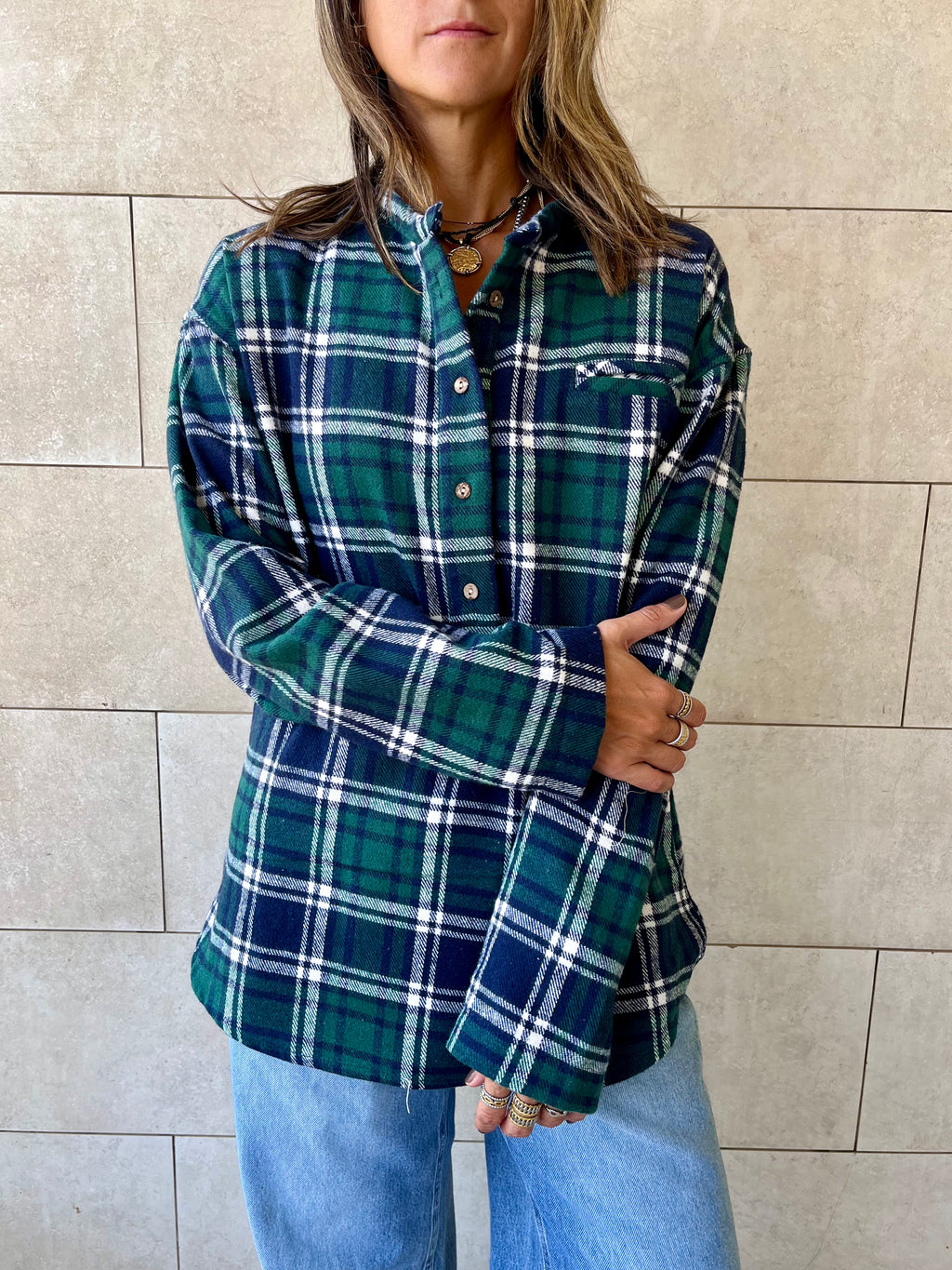 Teal Plaid Button Down Henley