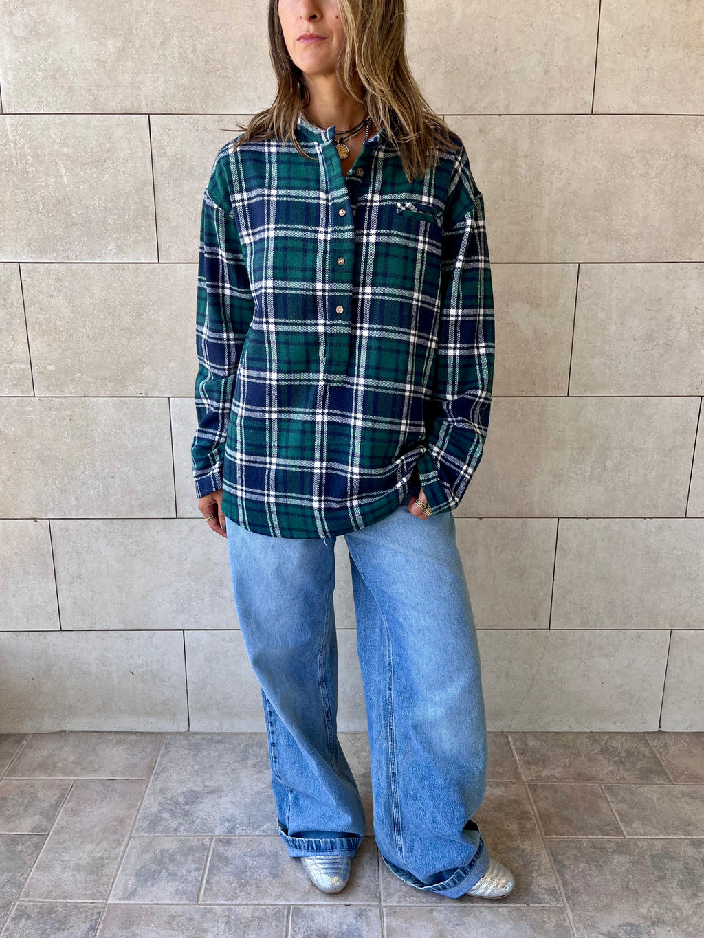 Teal Plaid Button Down Henley