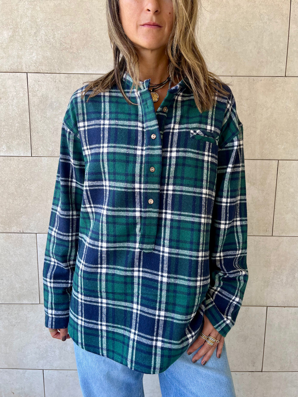 Teal Plaid Button Down Henley