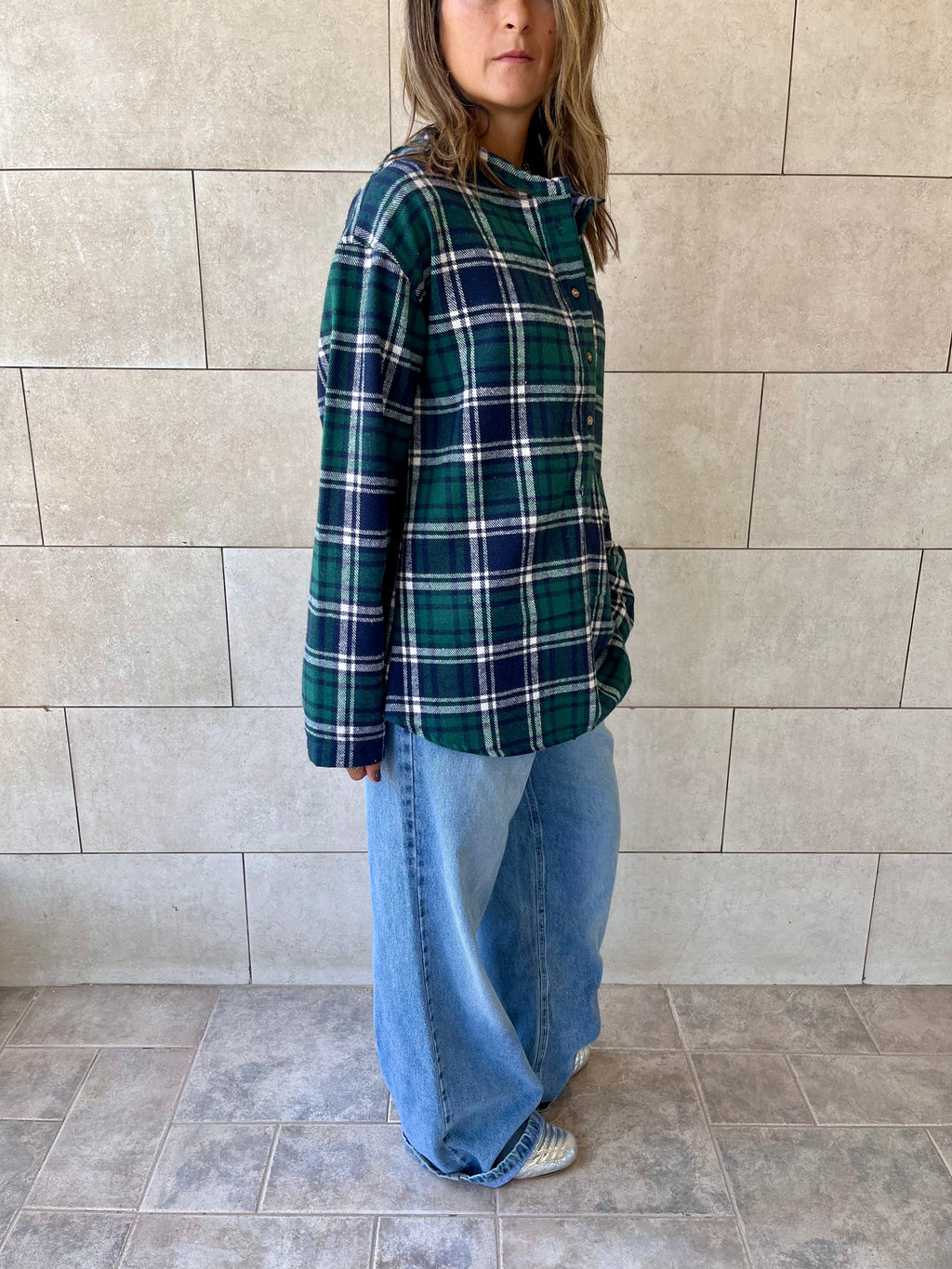 Teal Plaid Button Down Henley