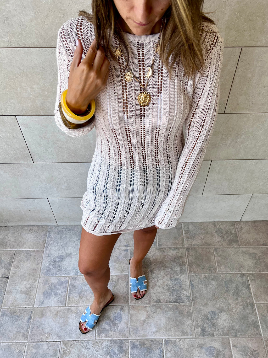 Beige Plain Crochet Short Dress