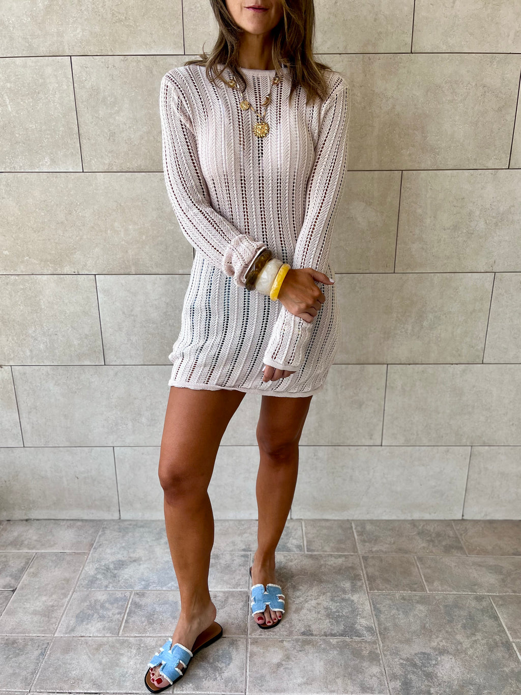 Beige Plain Crochet Short Dress