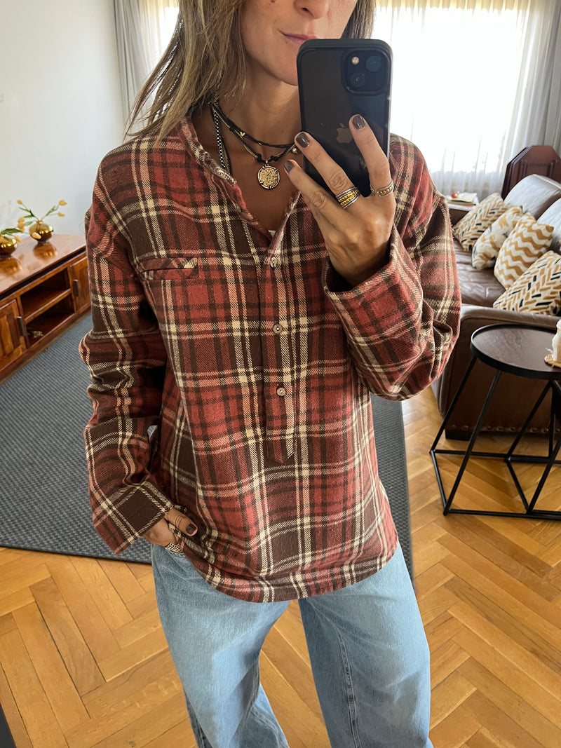 Burgundy Plaid Button Down Henley