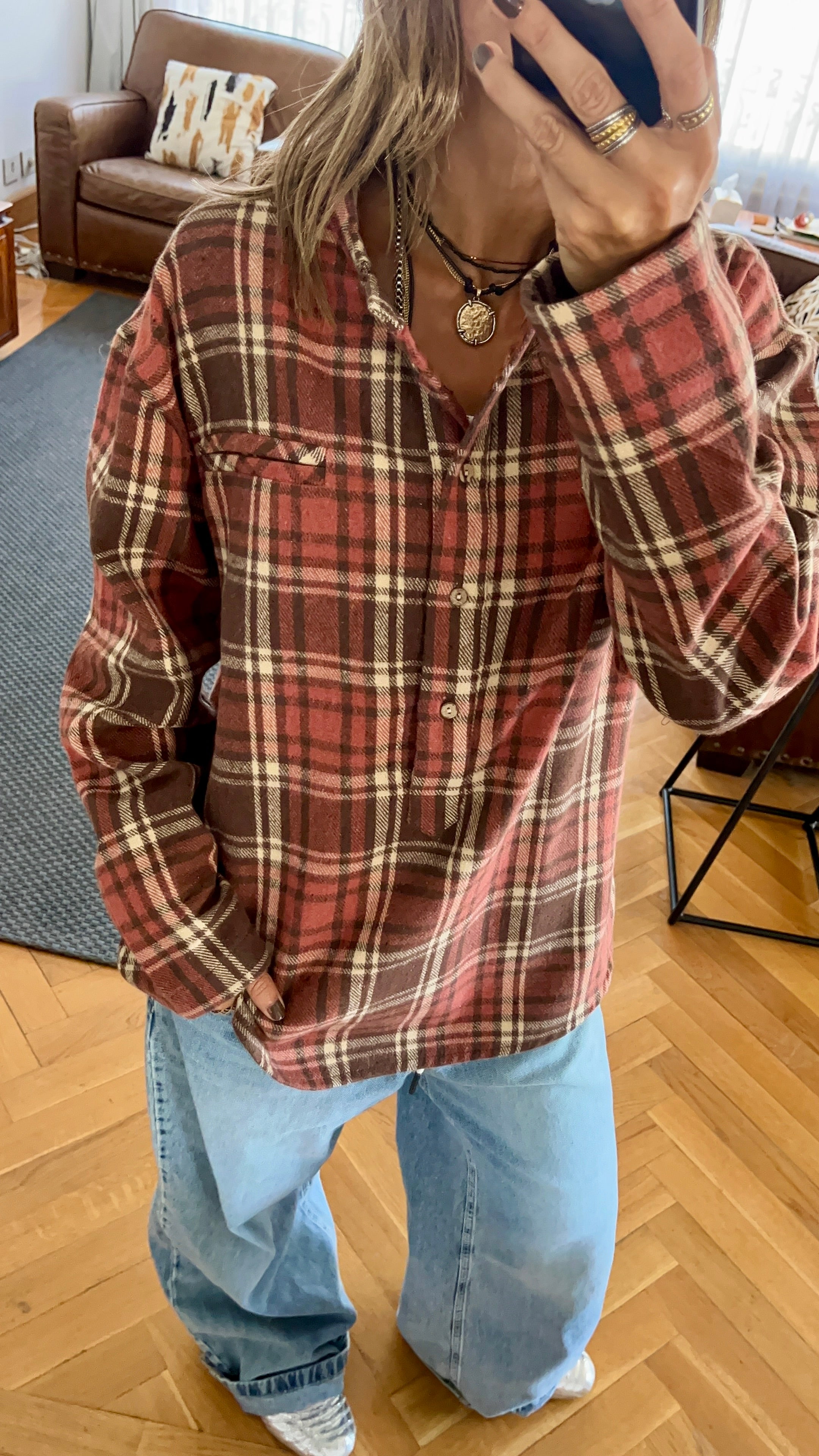 Burgundy Plaid Button Down Henley