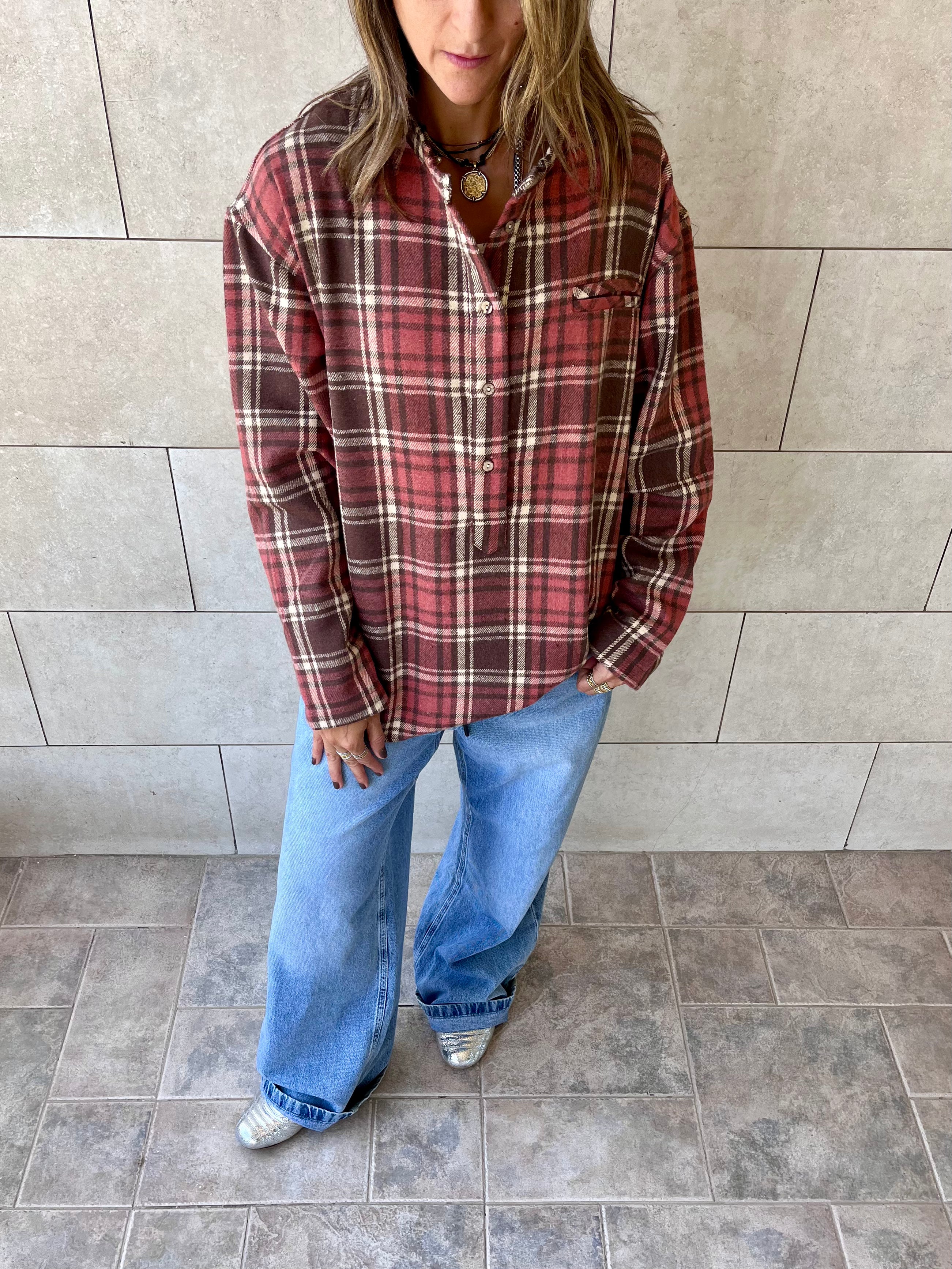 Burgundy Plaid Button Down Henley