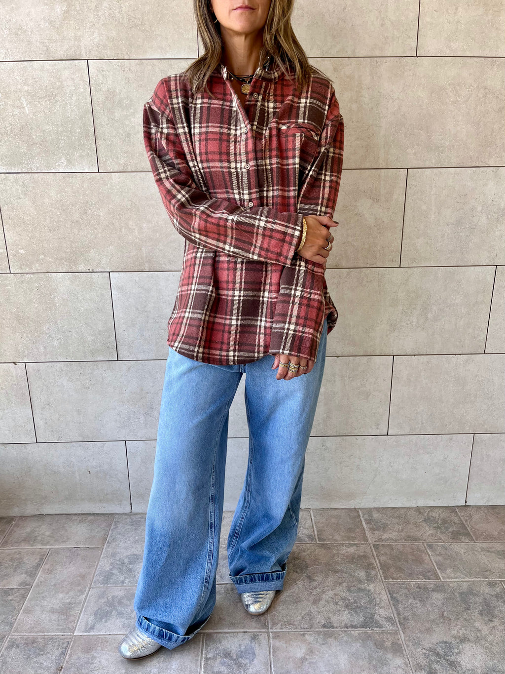 Burgundy Plaid Button Down Henley