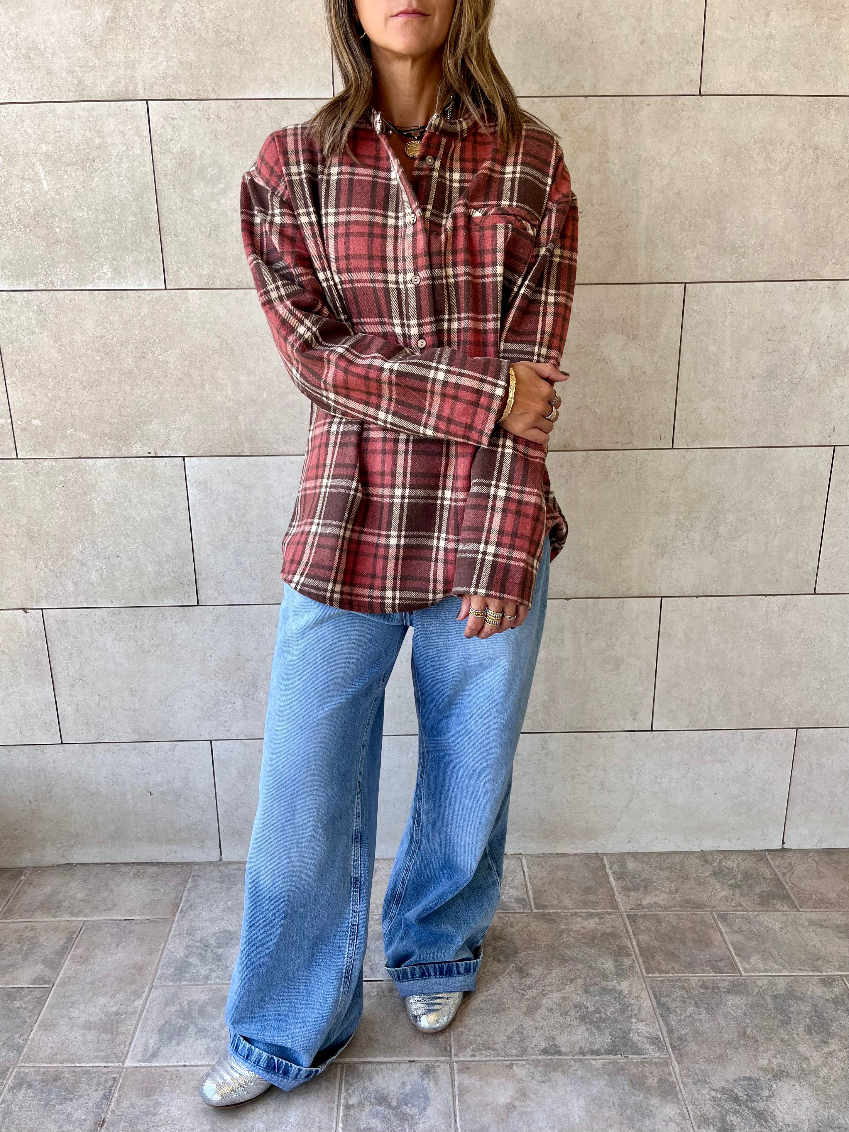 Burgundy Plaid Button Down Henley