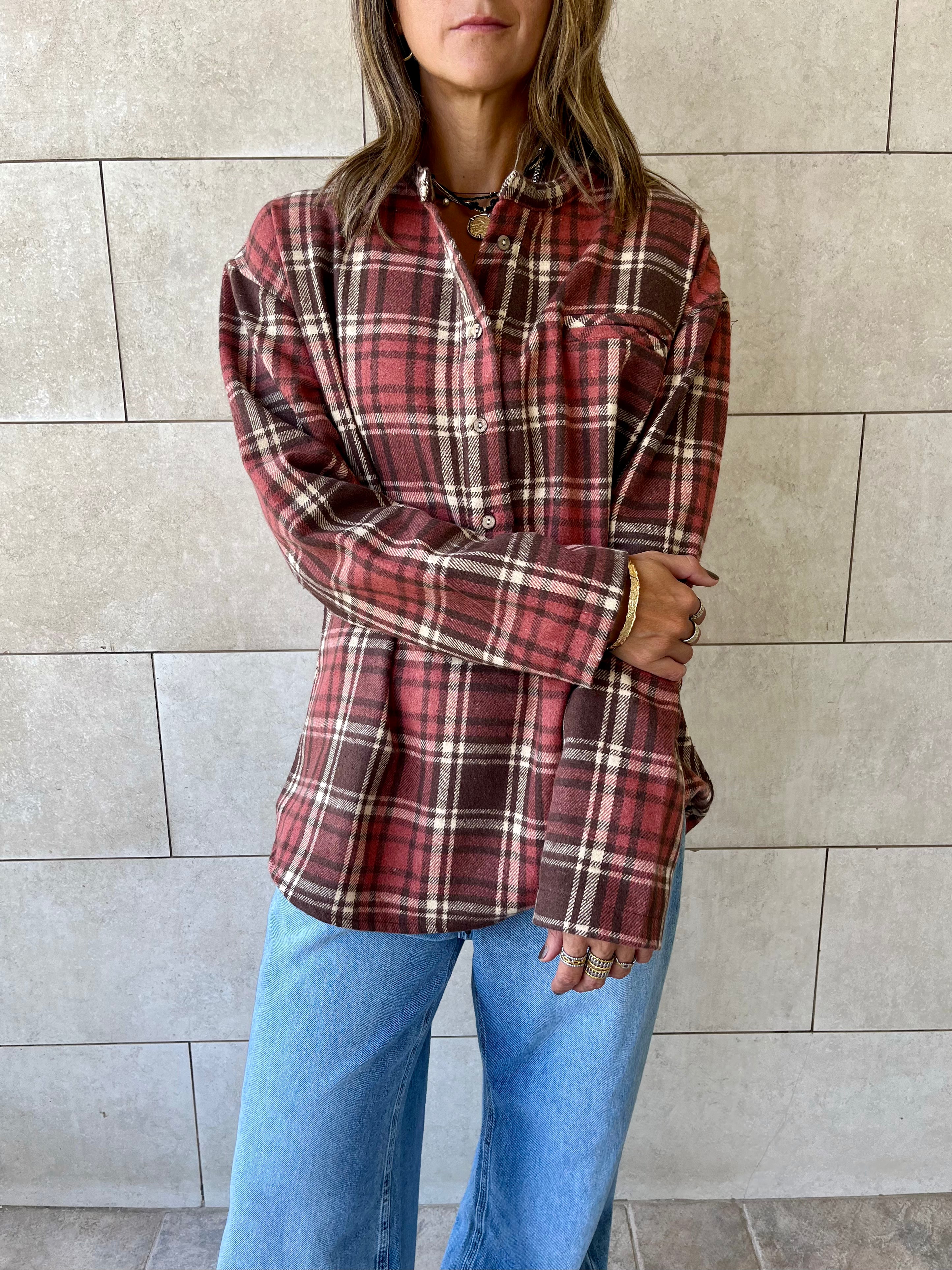 Burgundy Plaid Button Down Henley