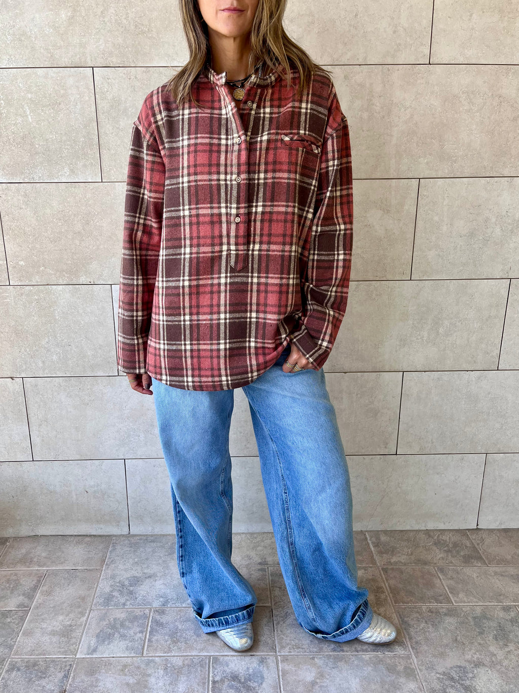 Burgundy Plaid Button Down Henley