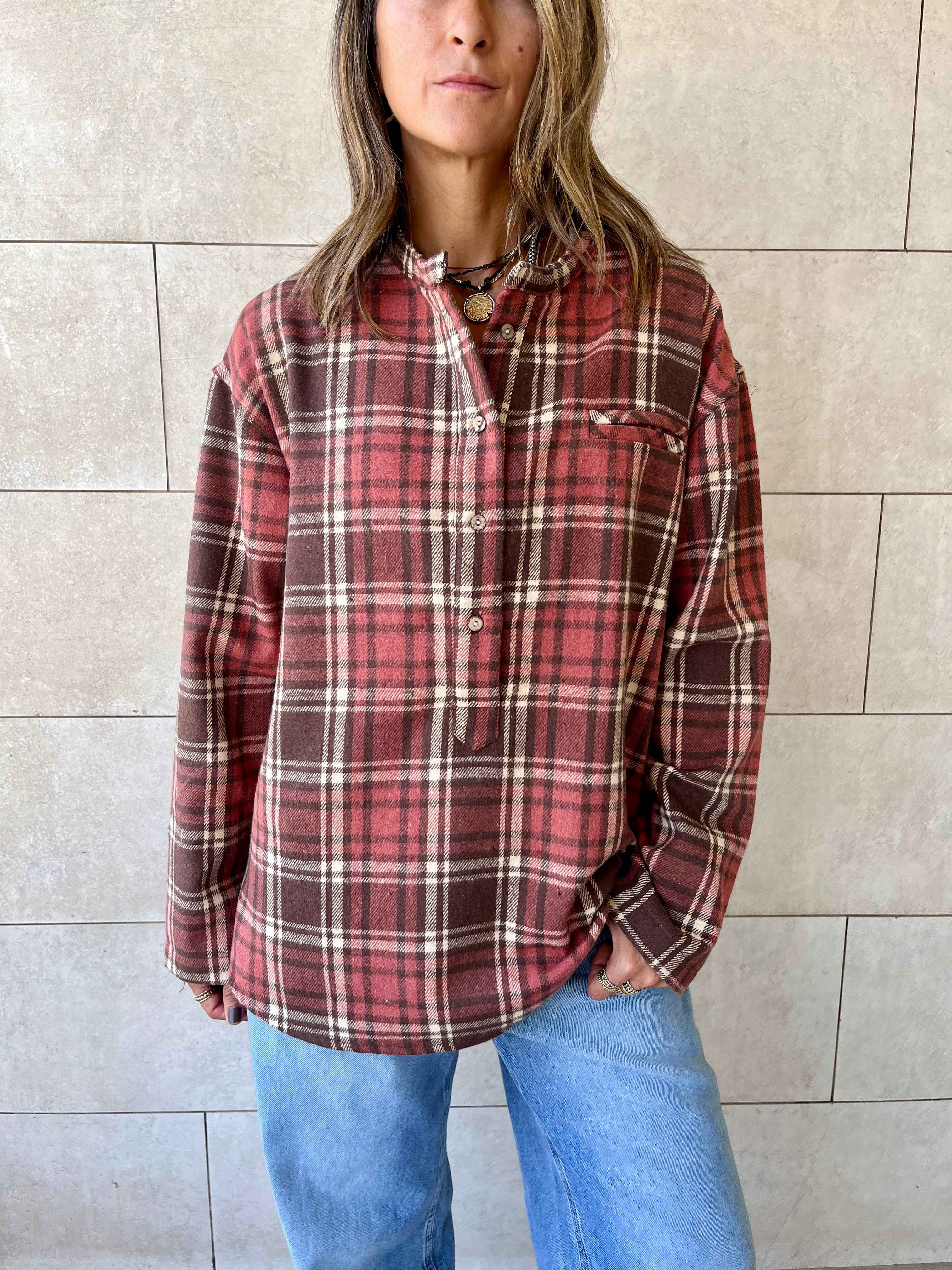 Burgundy Plaid Button Down Henley