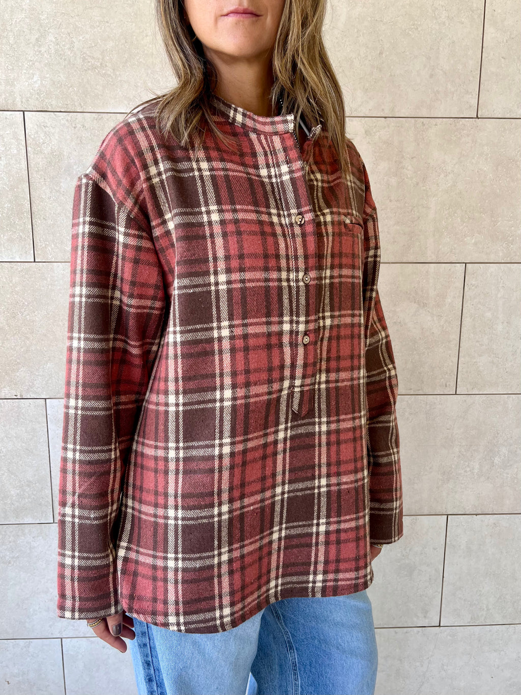 Burgundy Plaid Button Down Henley