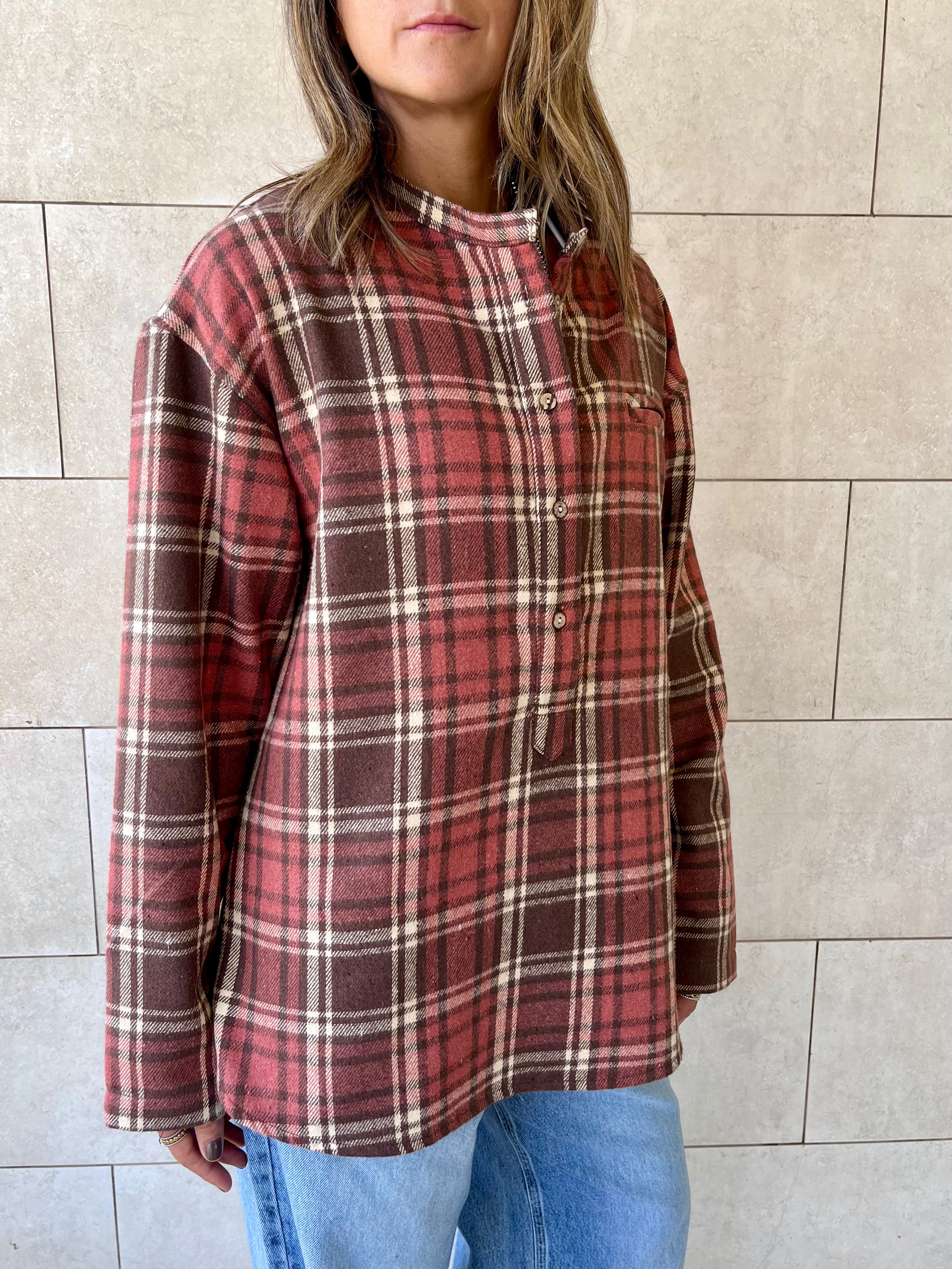 Burgundy Plaid Button Down Henley