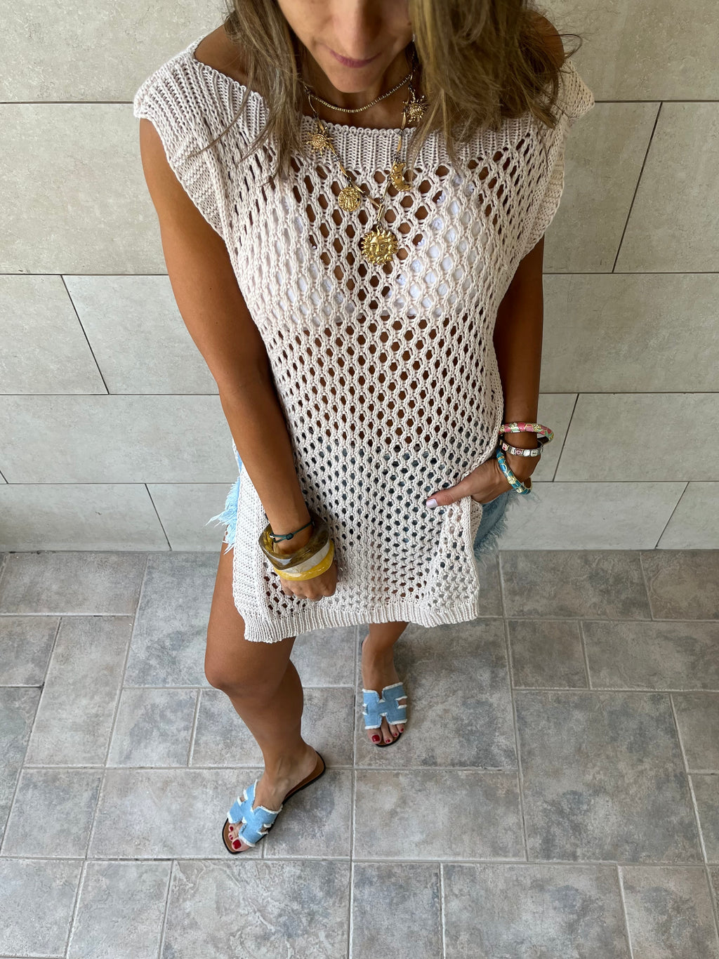 Beige Crochet Mini Throw Over Cover-Up