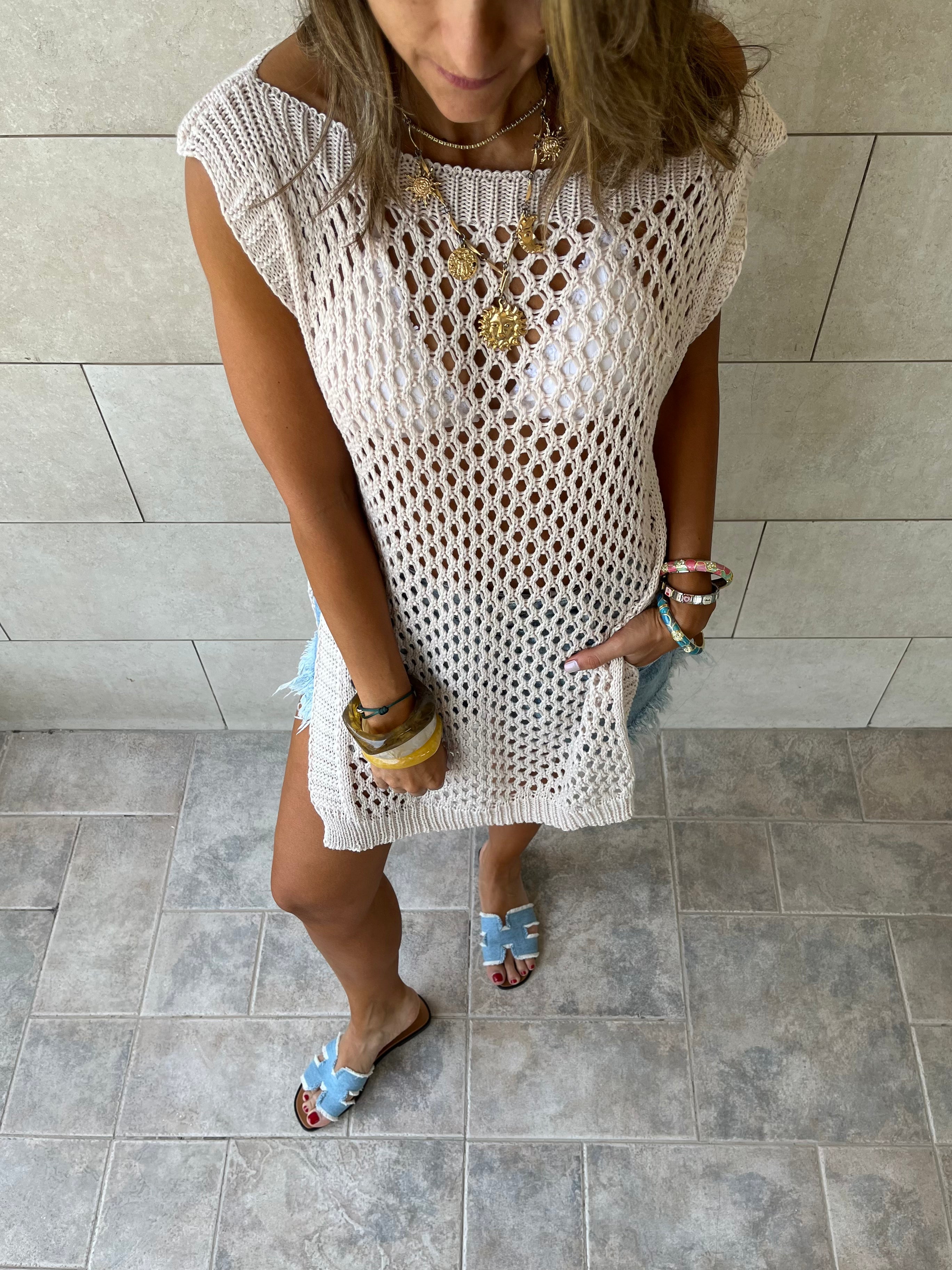 Beige Crochet Mini Throw Over Cover-Up