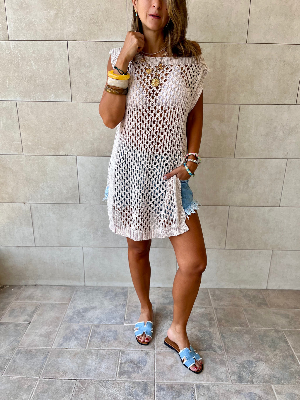 Beige Crochet Mini Throw Over Cover-Up