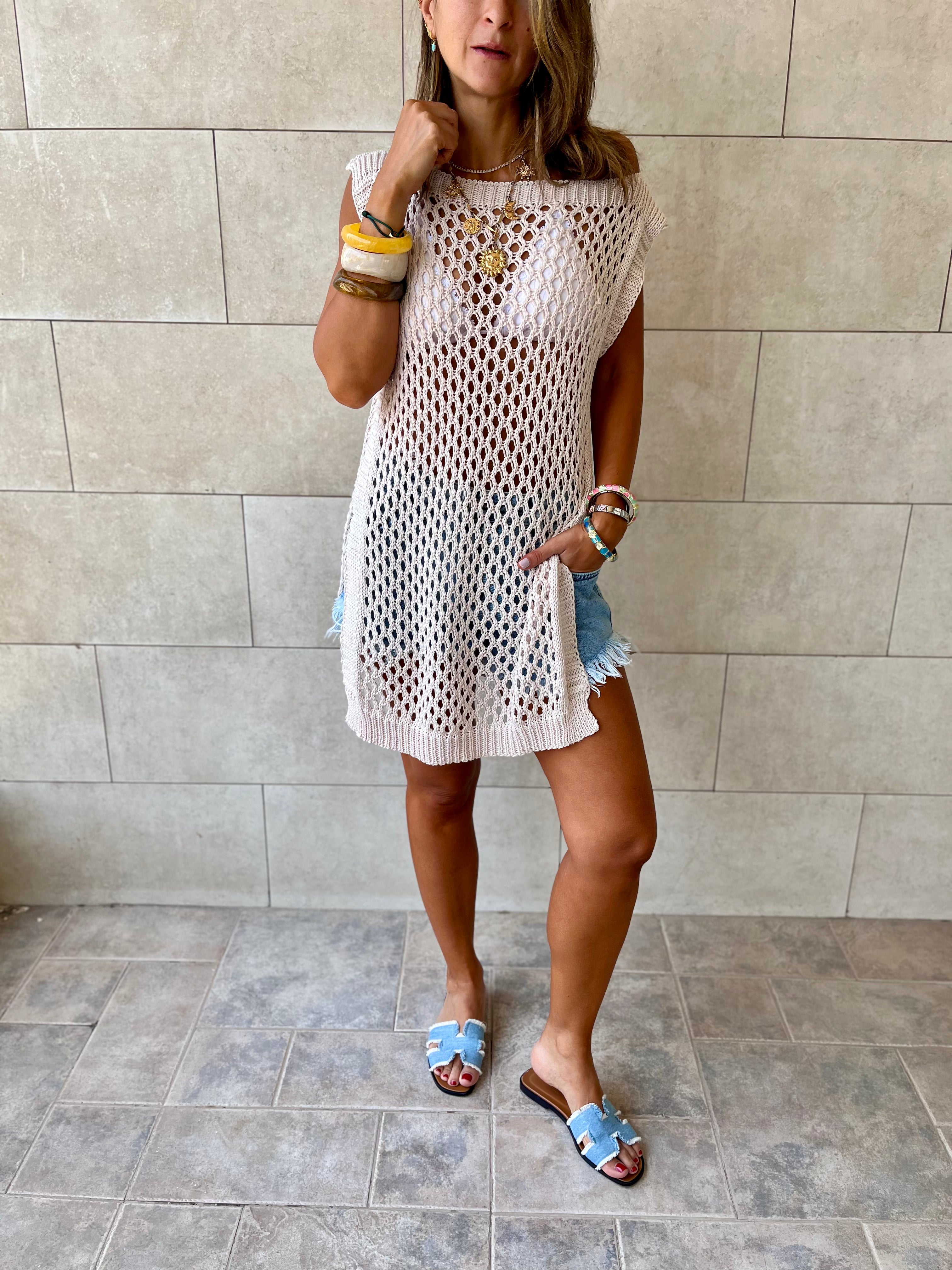 Beige Crochet Mini Throw Over Cover-Up