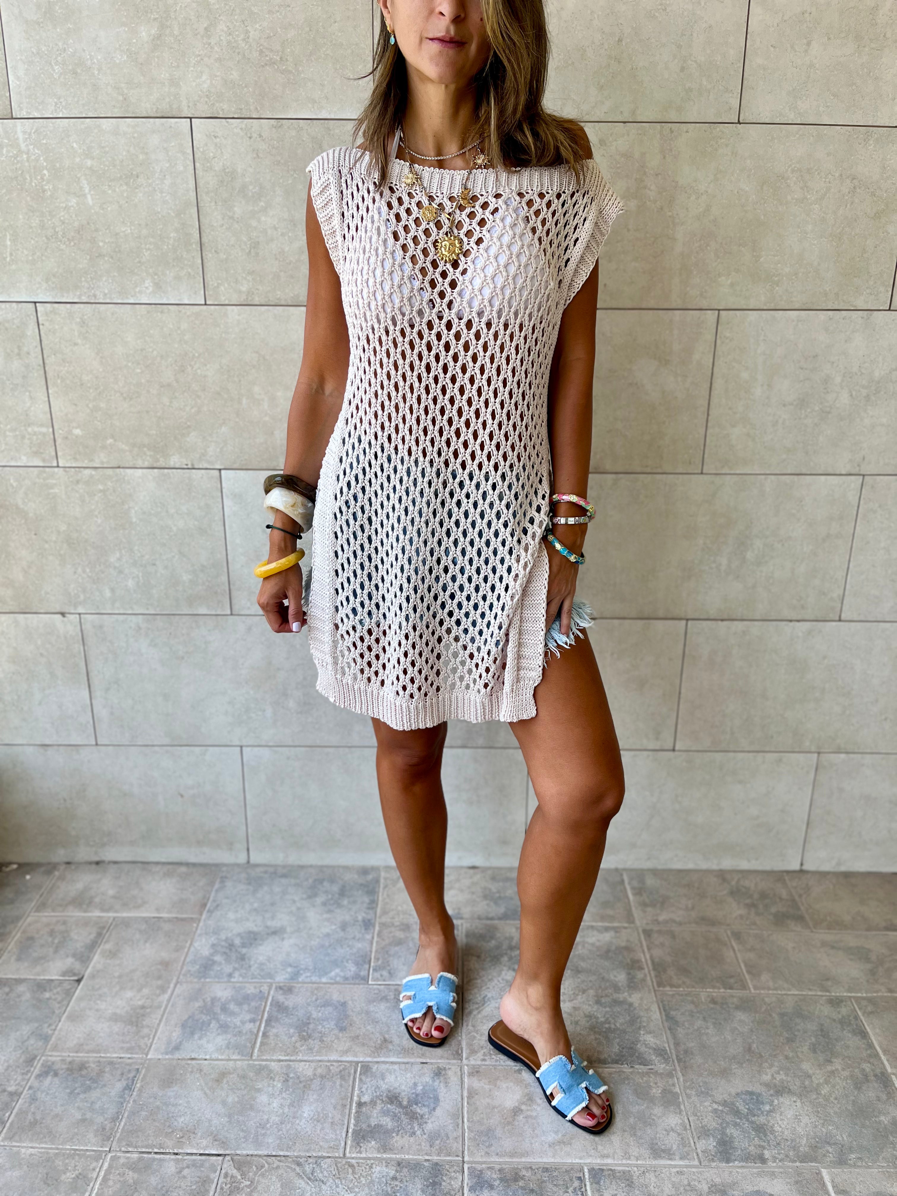 Beige Crochet Mini Throw Over Cover-Up