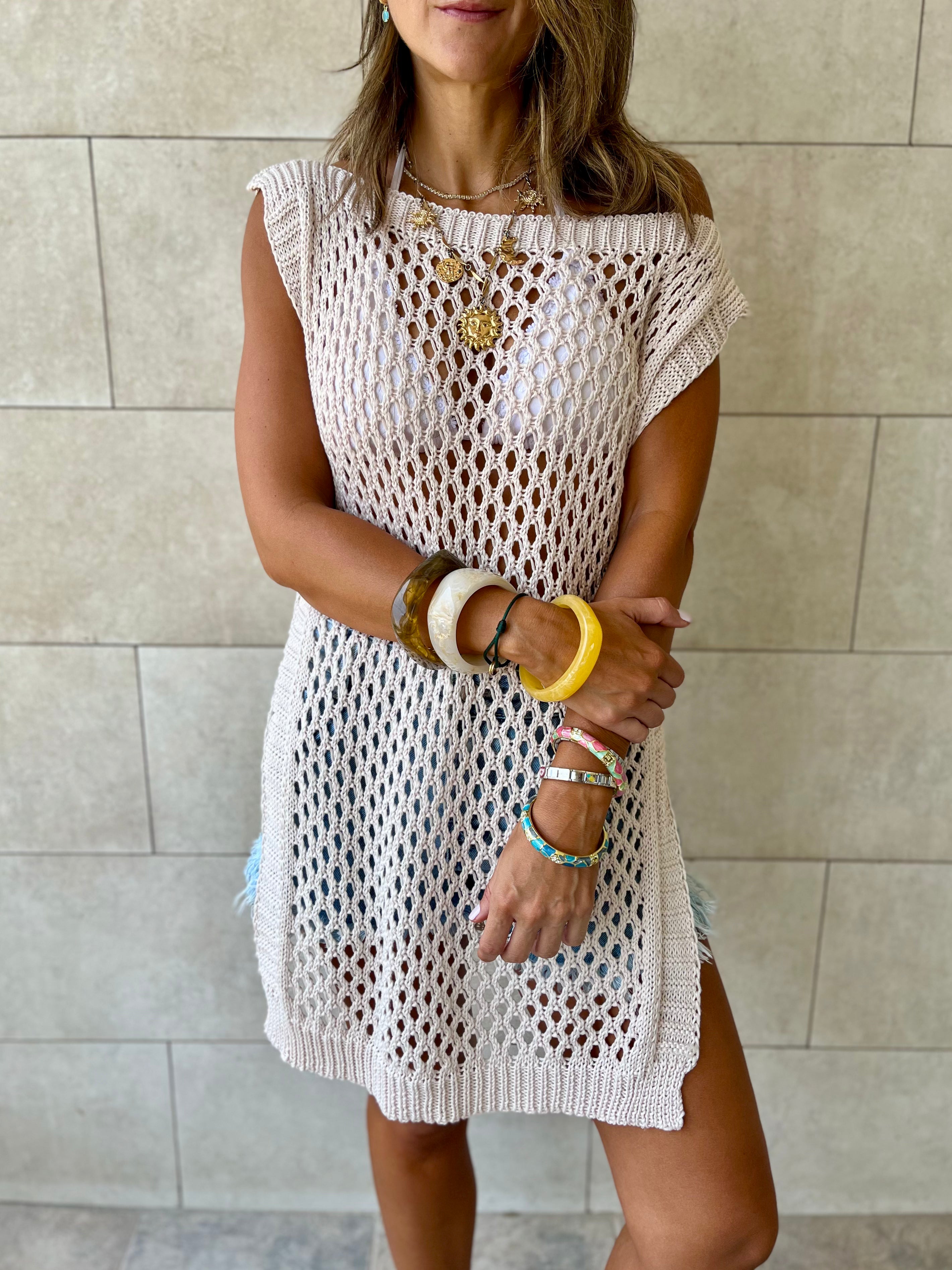 Beige Crochet Mini Throw Over Cover-Up