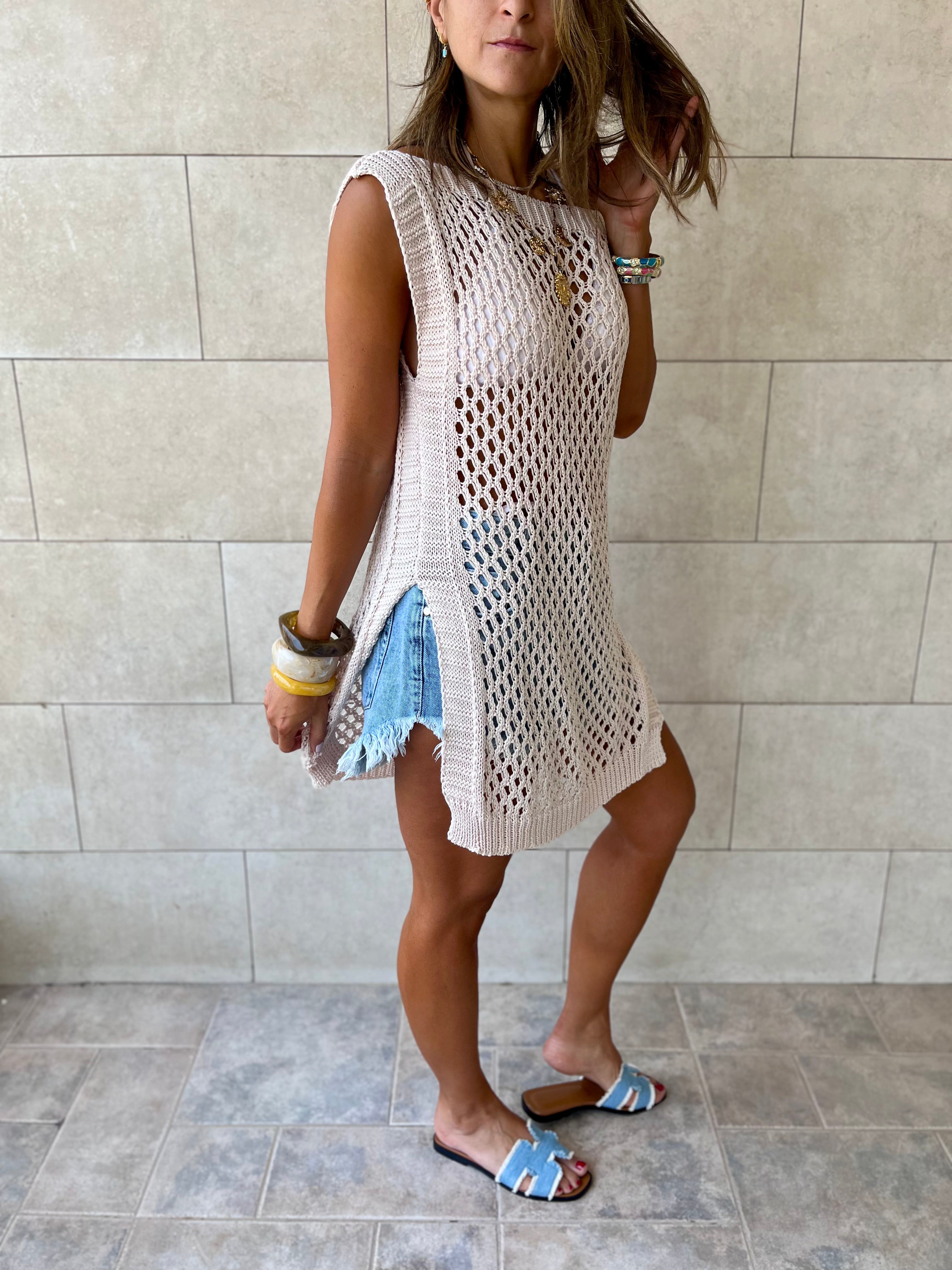 Beige Crochet Mini Throw Over Cover-Up