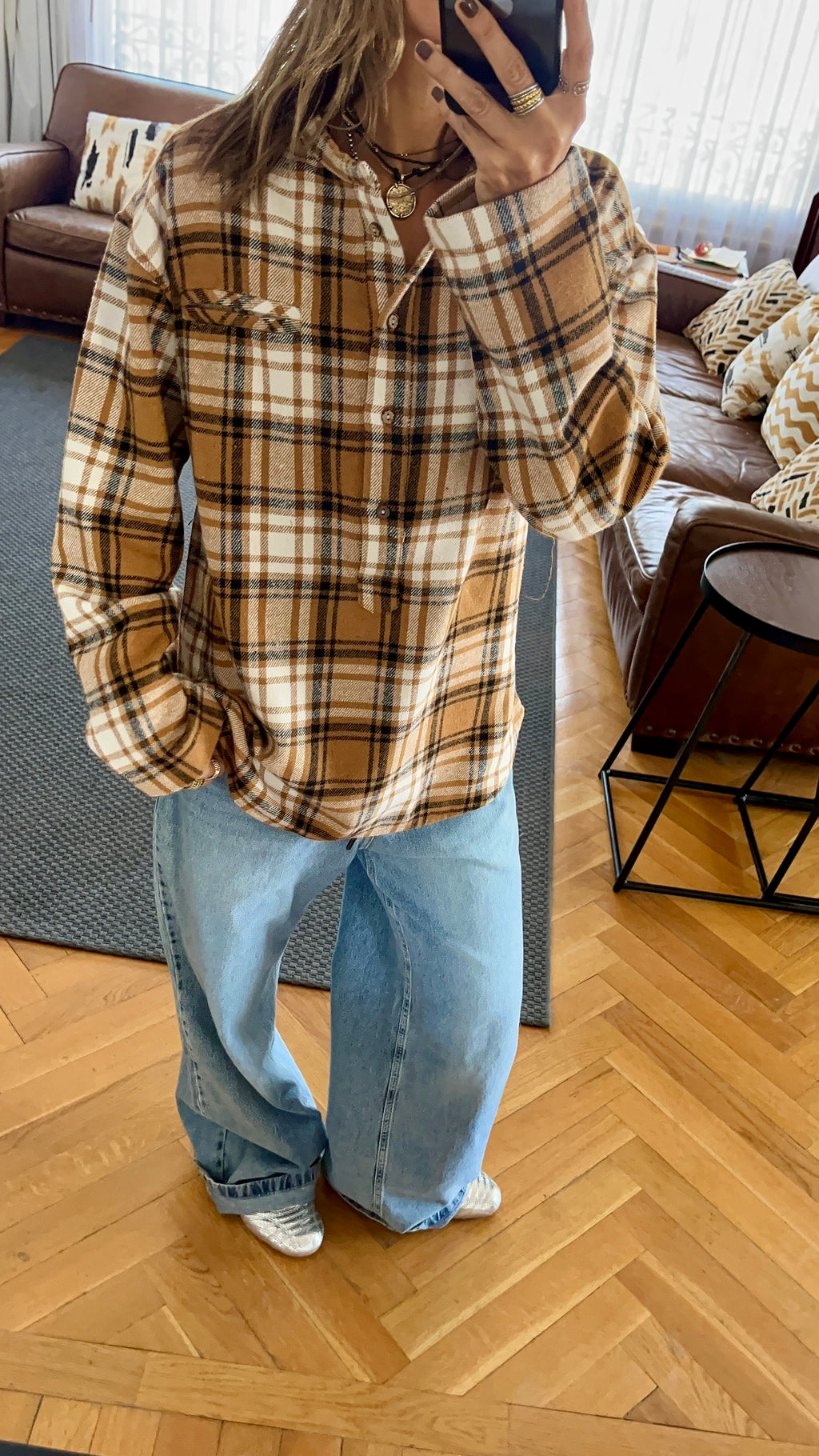 Camel Plaid Button Down Henley