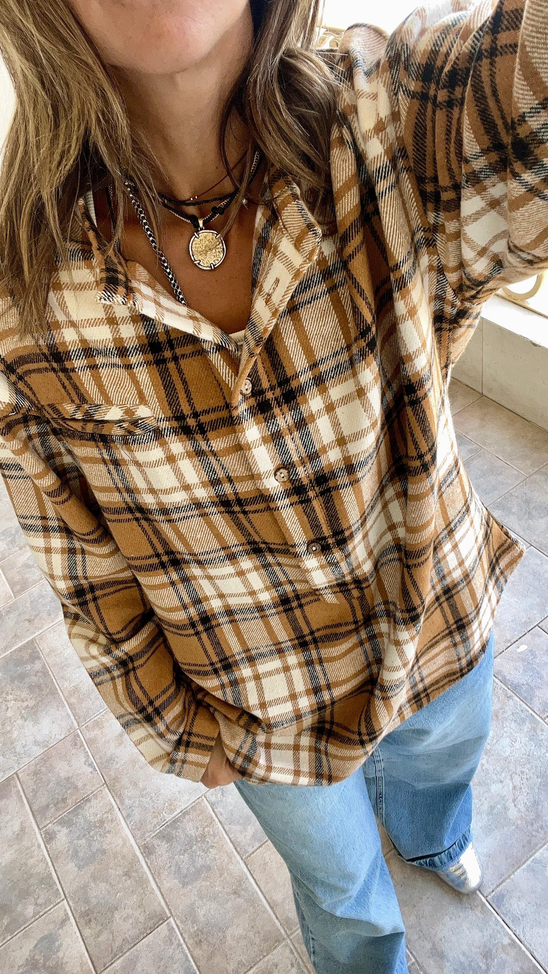 Camel Plaid Button Down Henley