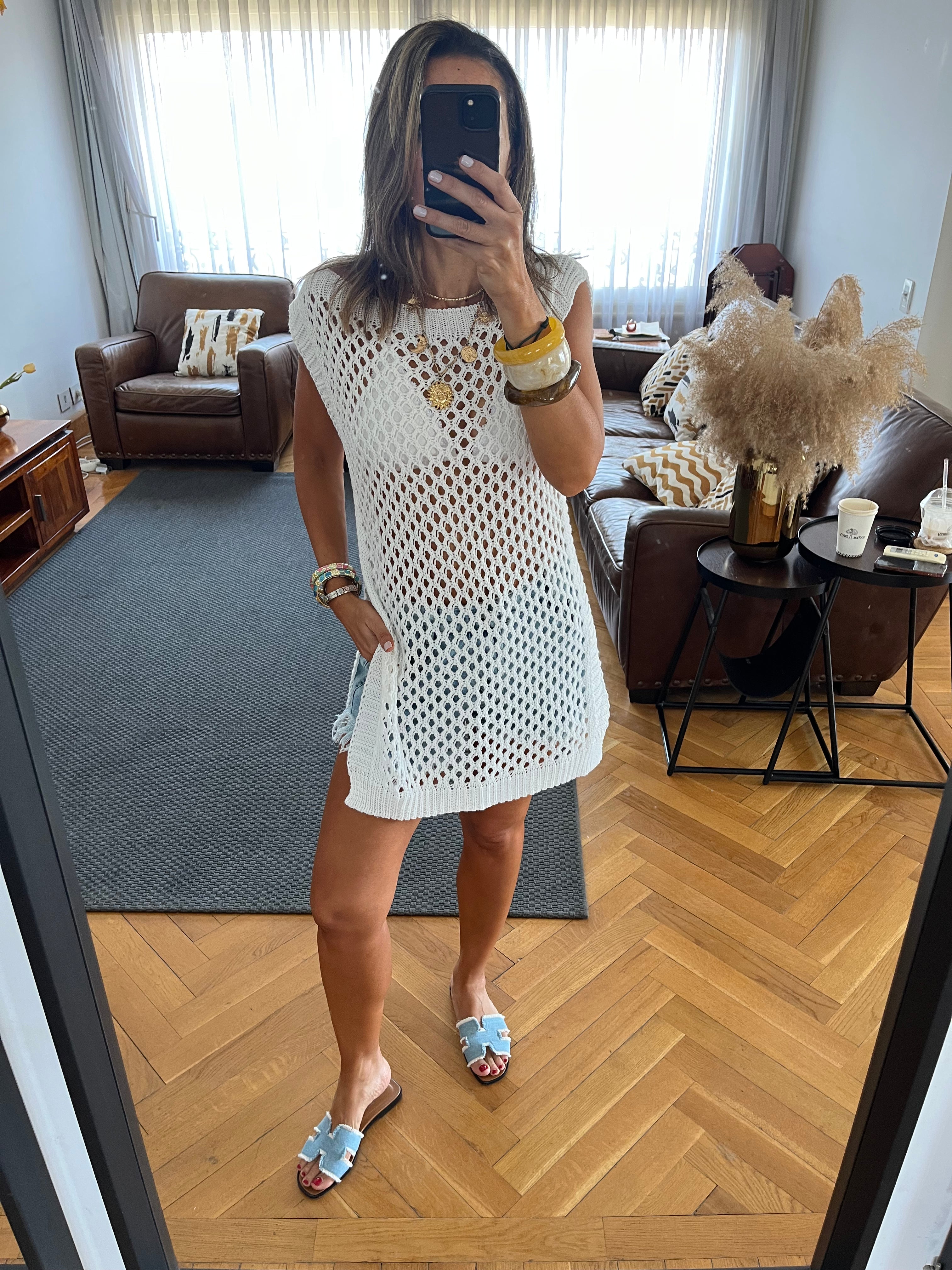 White Crochet Mini Throw Over Cover-Up