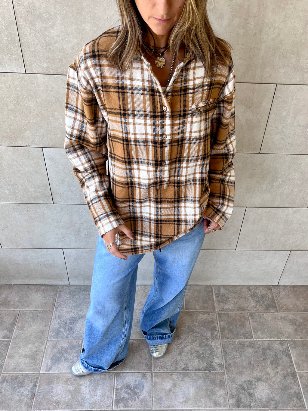 Camel Plaid Button Down Henley