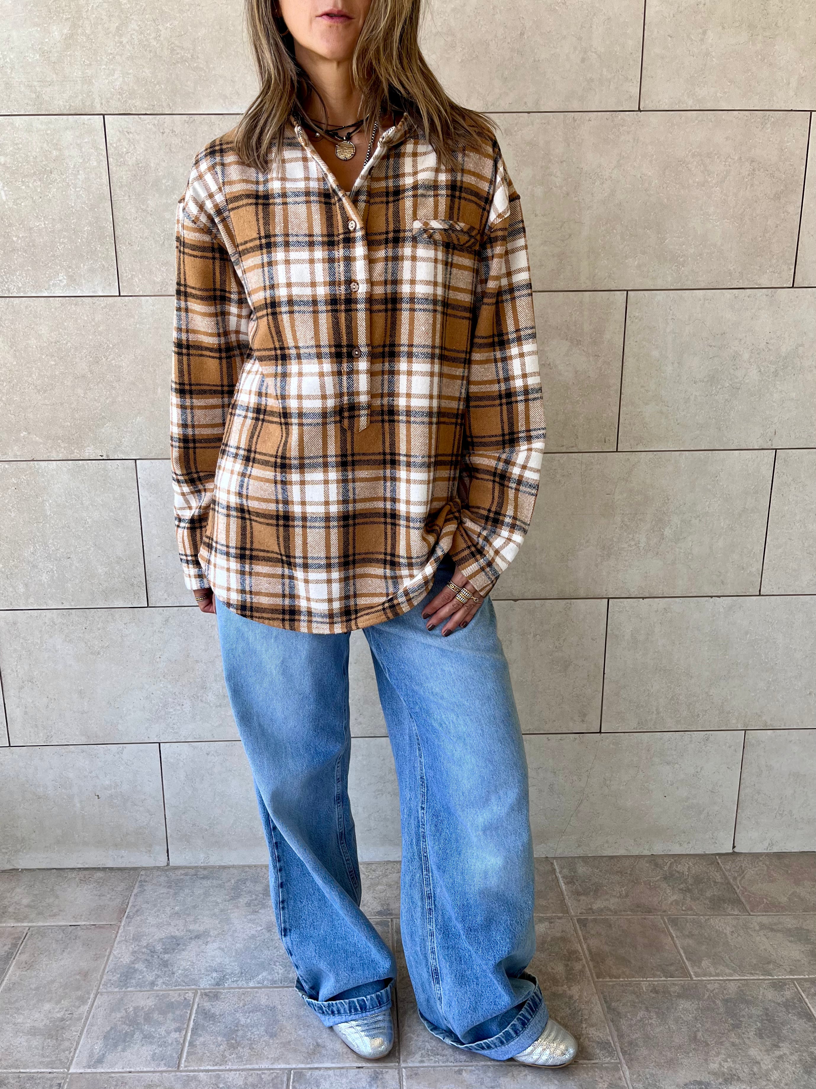 Camel Plaid Button Down Henley