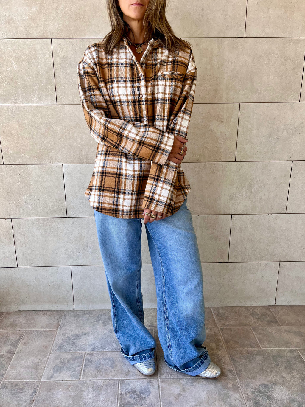 Camel Plaid Button Down Henley