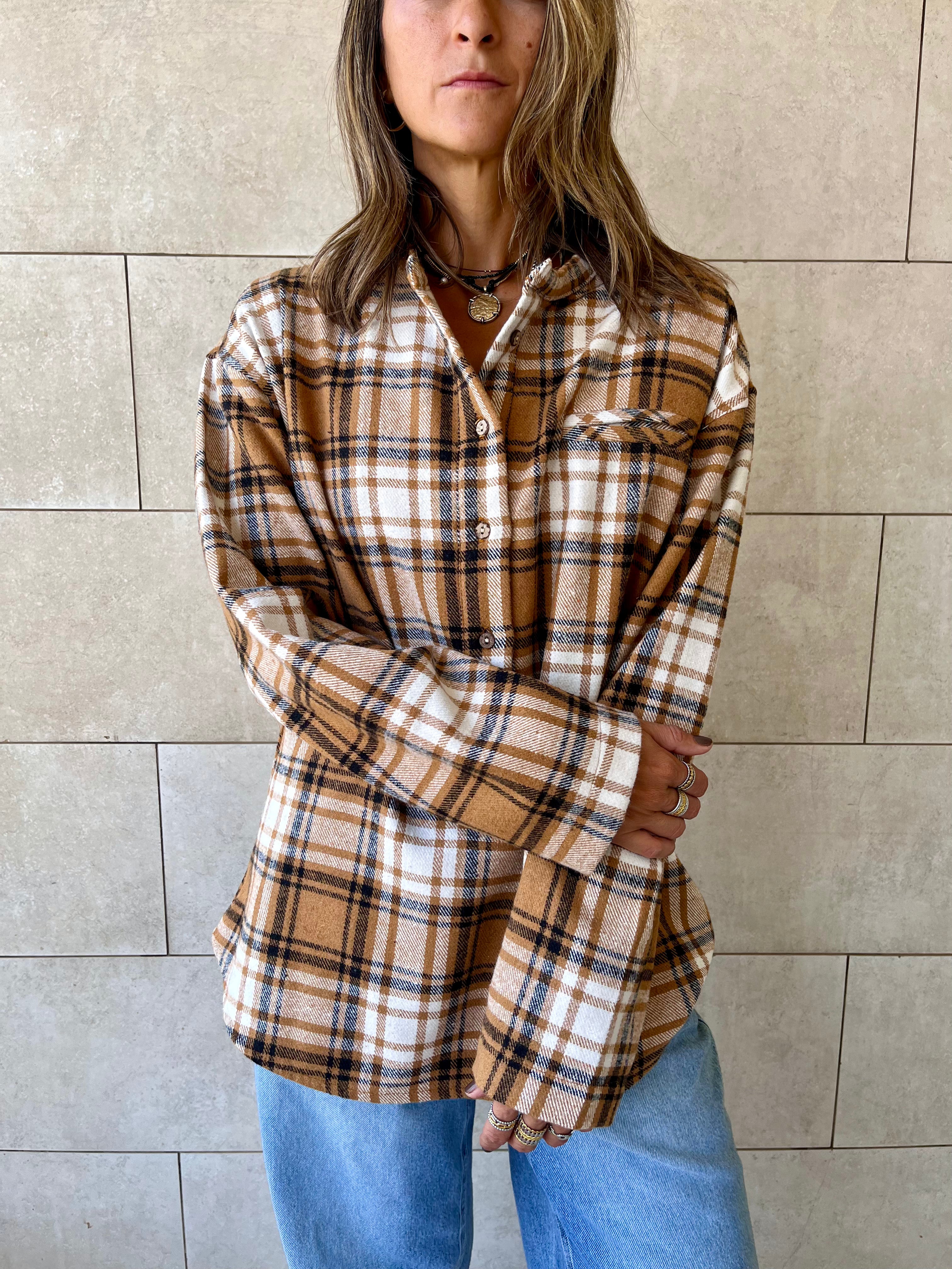 Camel Plaid Button Down Henley