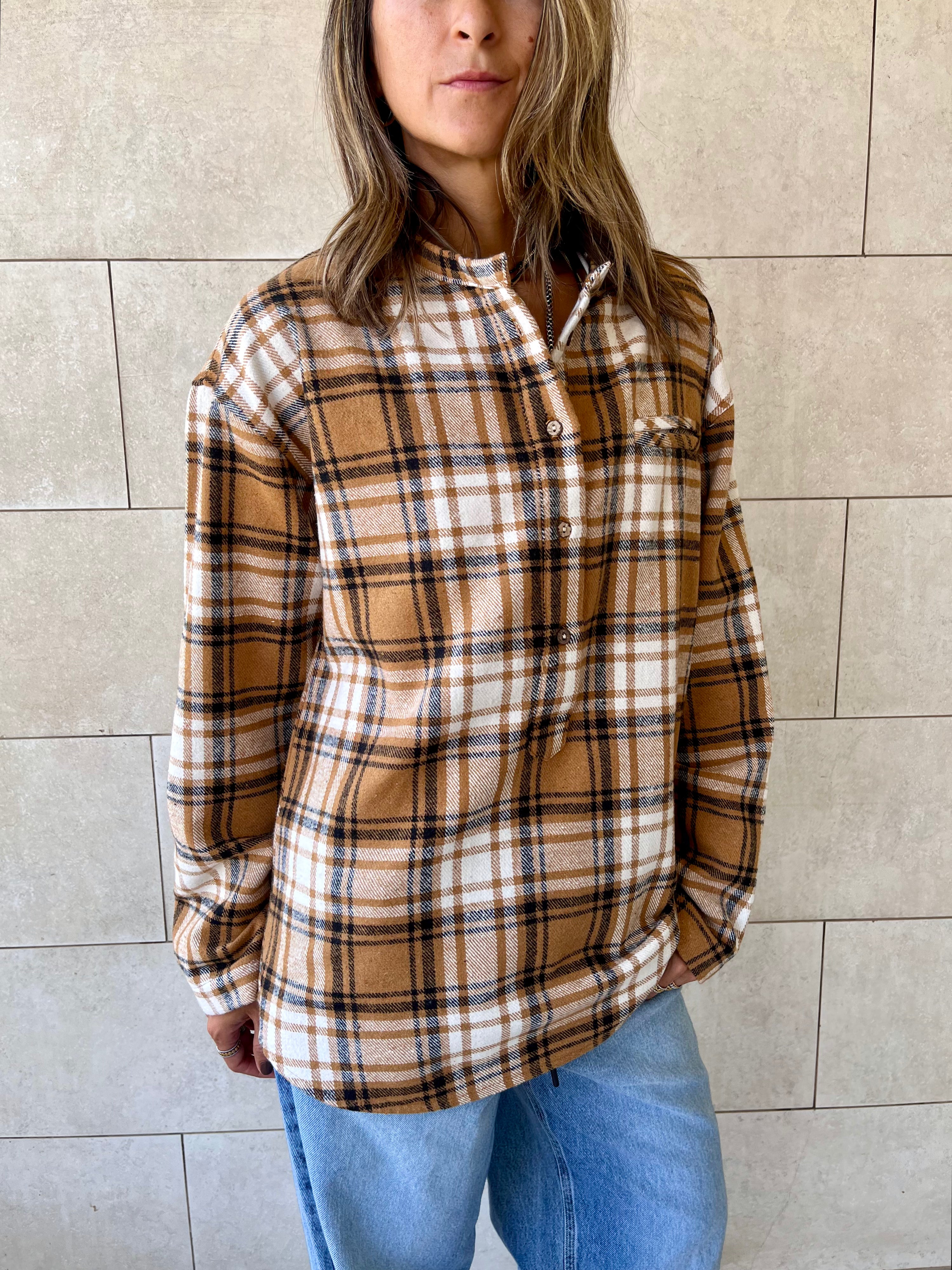 Camel Plaid Button Down Henley